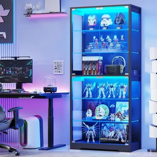 BROTTAR Vitrine mit Glastür, 6-stufige 180cm Vitrine mit 3 Farblichten für Sammlerstücke, Vitrine mit verstellbaren Glasträgern, Körperkensorsensor, Aufbewahrungsschränke