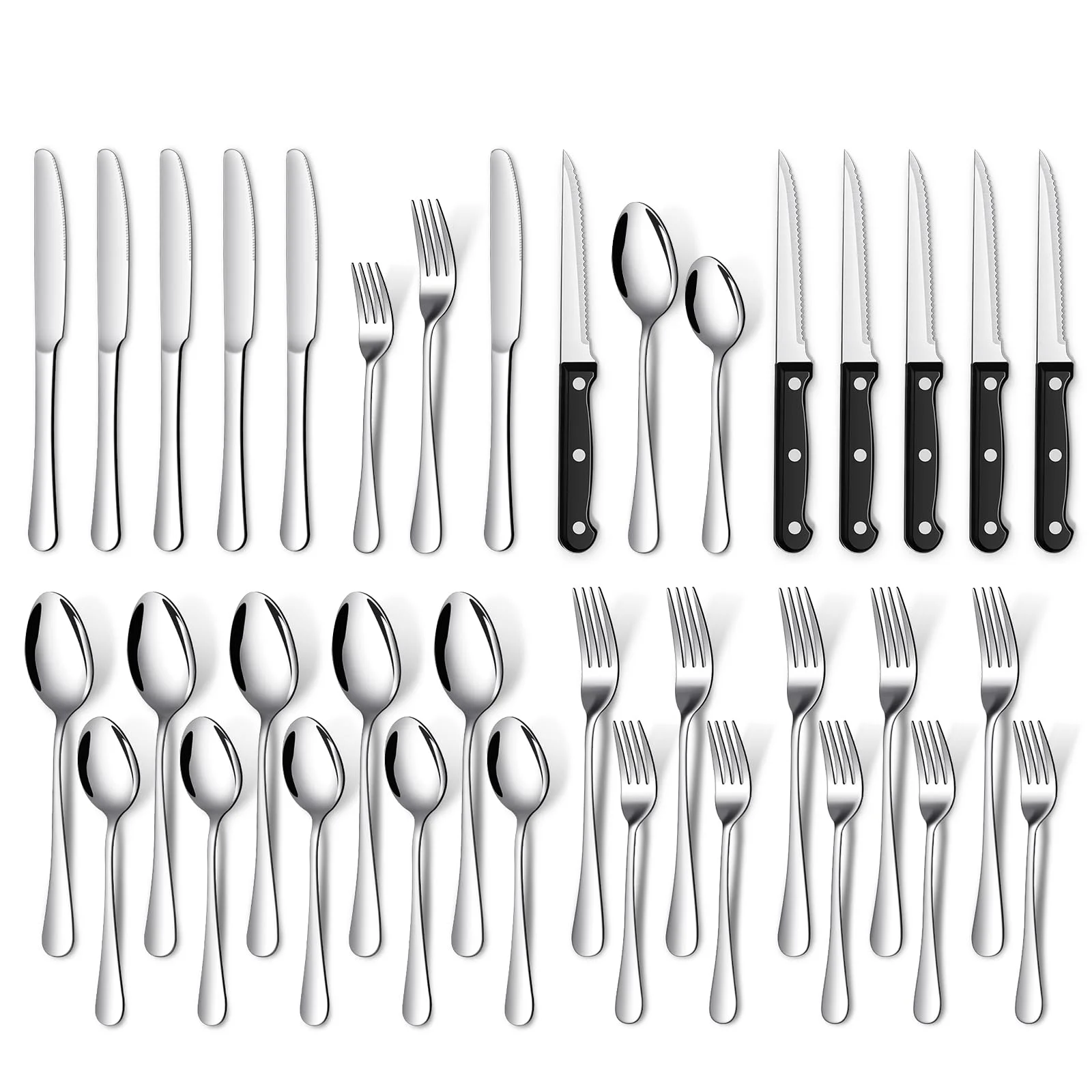TAN REN Besteck Set 6 Personen, 36-teiliges Edelstahl Besteckset(Silber) mit Steakmesser, Elegantes Essbesteck mit Messer Gabel Löffel, Cutlery Set für Haus/Küche/Restaurant