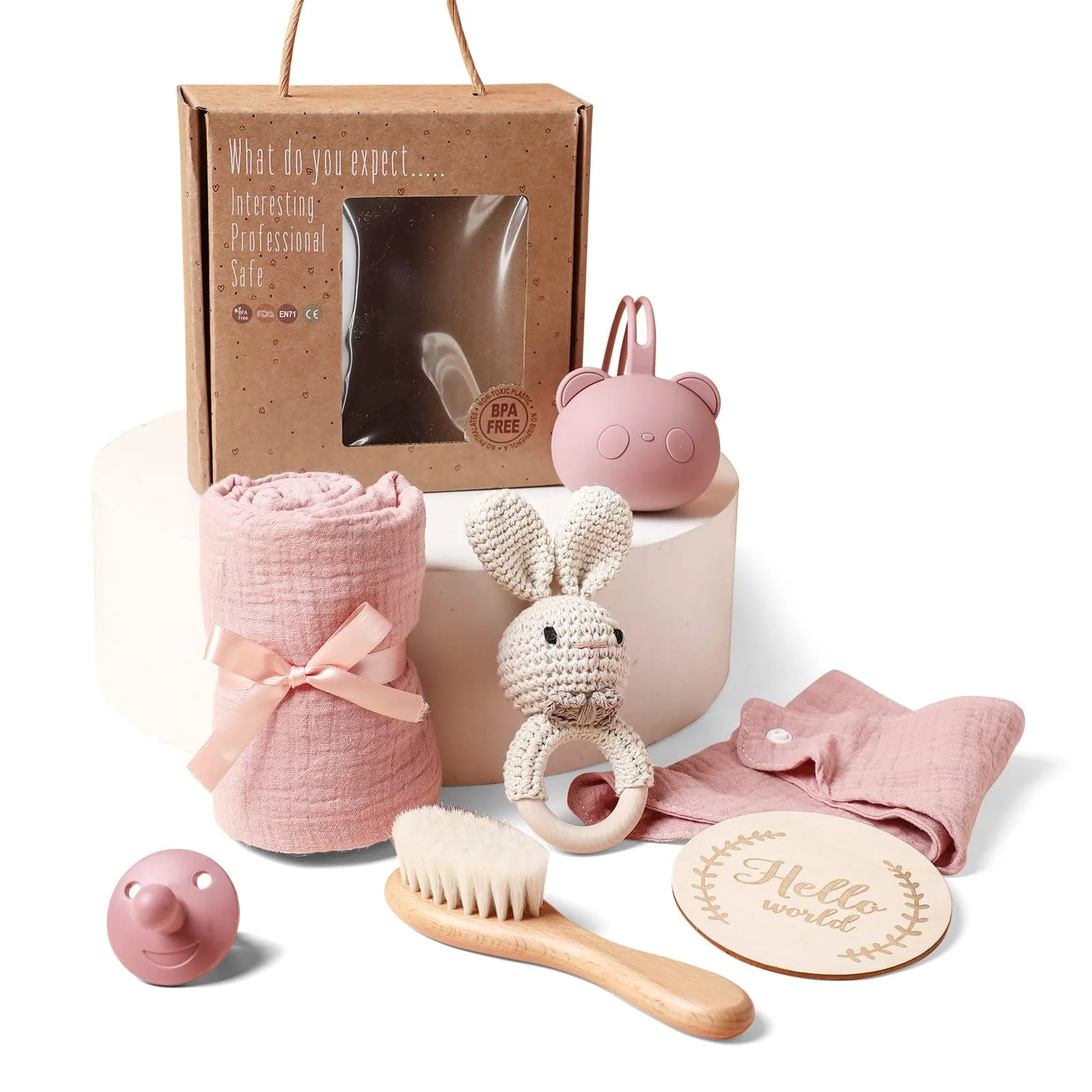 Baby Geschenk Mädchen Set 7 in 1, Neugeborenen Geschenk zur Geburt Junge Babyparty Geschenks Holz Spielzeuge Greiflinge Badetuch Meilenstein Babydeckes Foto Requisten (Rosa)