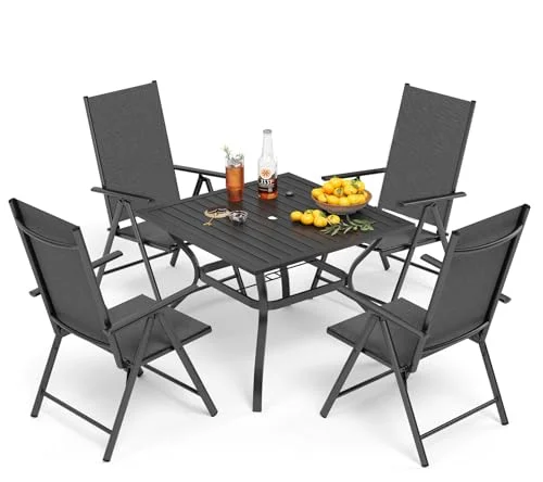 PHI VILLA 4+1 Gartenstühle und Tisch Klapp Gartenstühle mit Aluminiumrahmen, 6X verstellbar mit 7 sitzpositionen,Gartentisch aus Stahl Stahl Gartentisch mit Sonnenschirmloch Gartenmöbel-Sets