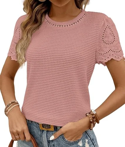 BUNSLOOM Damen T Shirts Sommer Crewneck Kurzarm Oberteile Waffelstrick Jacquard Bluse Casual Frenchy Top