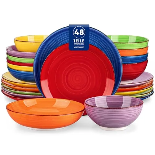 Tafelservice 12 Personen, vancasso Bonita 48tlg Geschirrset Steingut, modernes Ess Kombiservice mit je 12 Speiseteller, Salatteller, Suppenteller und Schalen