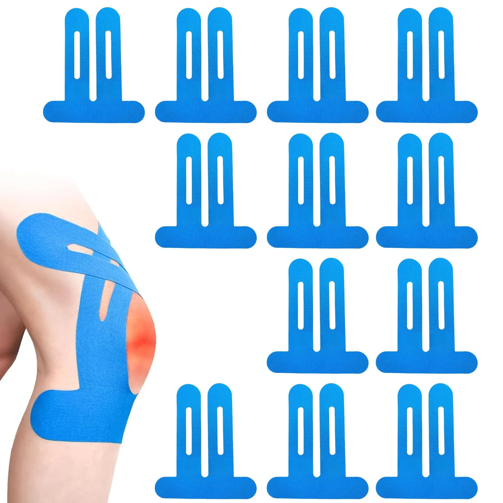Gorsmoon Knie Tape Vorgeschnitten, 12 Stück Blau, Knietape Pre-Cut für Knie, Kinesio Tape atmungsaktiv, wasserfest & elastisch, starke Haftung zur Unterstützung und Stabilisierung bei Sport & Alltag