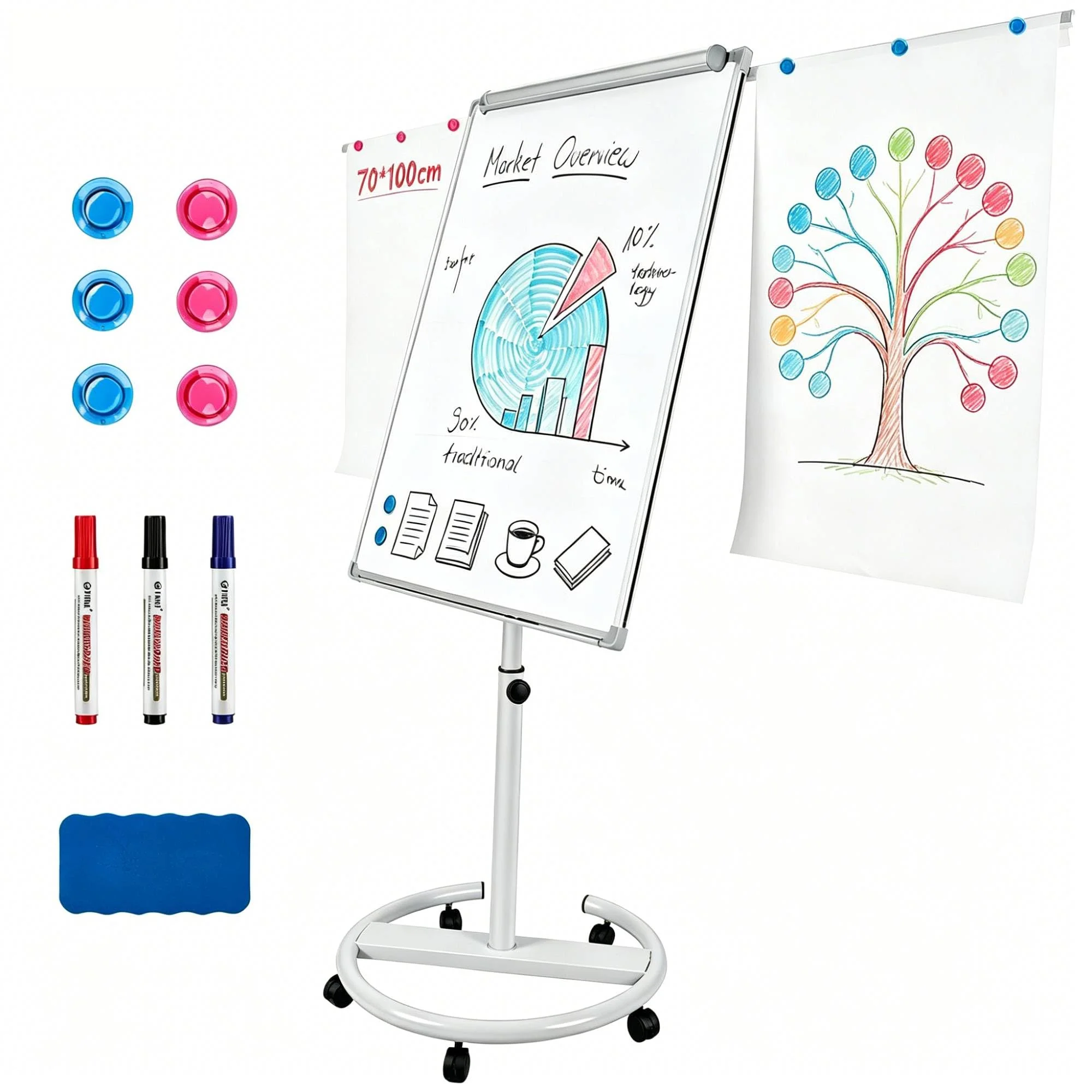DoeDoefong Flipchart Ständer Whiteboard mobil 70x100 cm, höhenverstellbar 157-195 cm, magnetische Tafel trocken abwischbar, mit Rollen & Papierklammern, für Büro Schule Zuhause