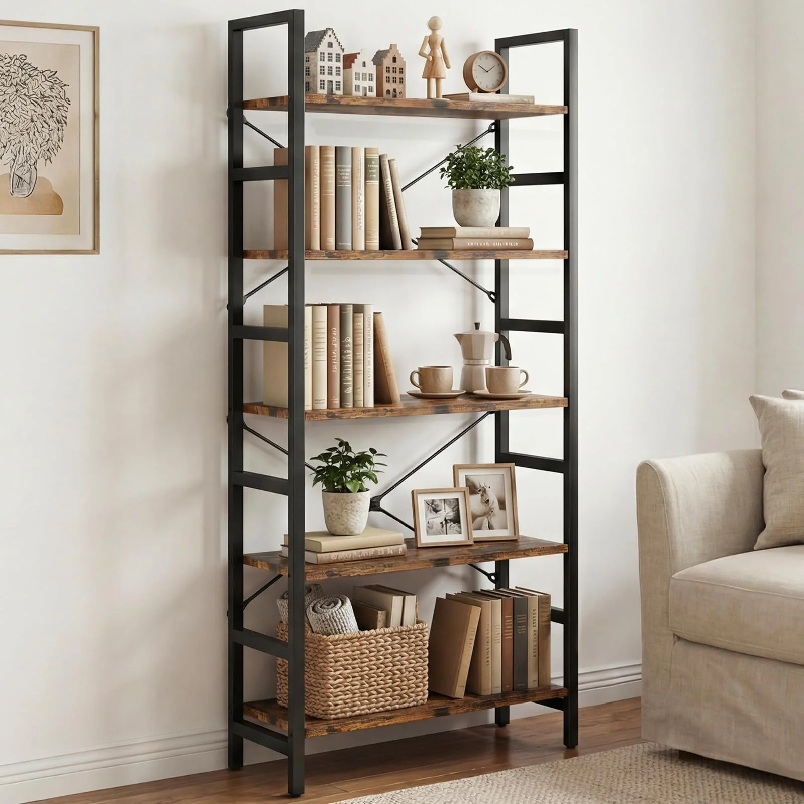 HOKEEPER Regal, Bücherregal, Standregal, DVD-Regal, mit 5 Ebenen, Büroregal, offene Ablagen, für Büro, Wohnzimmer, Schlafzimmer, Küche, 60x34x158cm