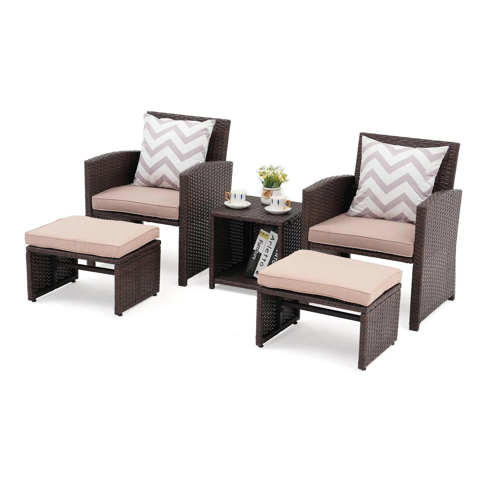 OC Orange-Casual 5-TLG Garten Unterhaltung Set, Balkon Möbel Set mit Kissen, brauner Rattan-Sessel mit Hocker&Couchtisch, für Garten, Hinterhof und Veranda (Beige)