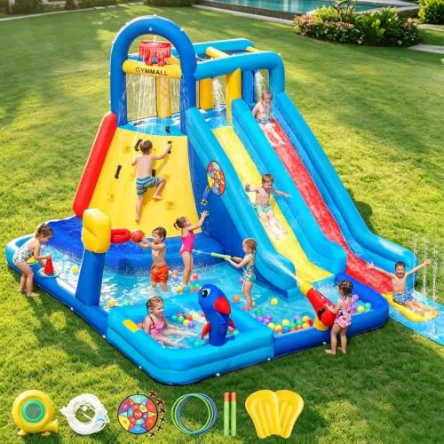 GYMMALL Hüpfburg mit Kletterwand, Doppelrutsche & Wasserrutsche – Hüpfmatte Kinder Outdoor Hüpfburg mit Gebläse für Kinder 3-12 Jahre (4x3.6x2.6m)