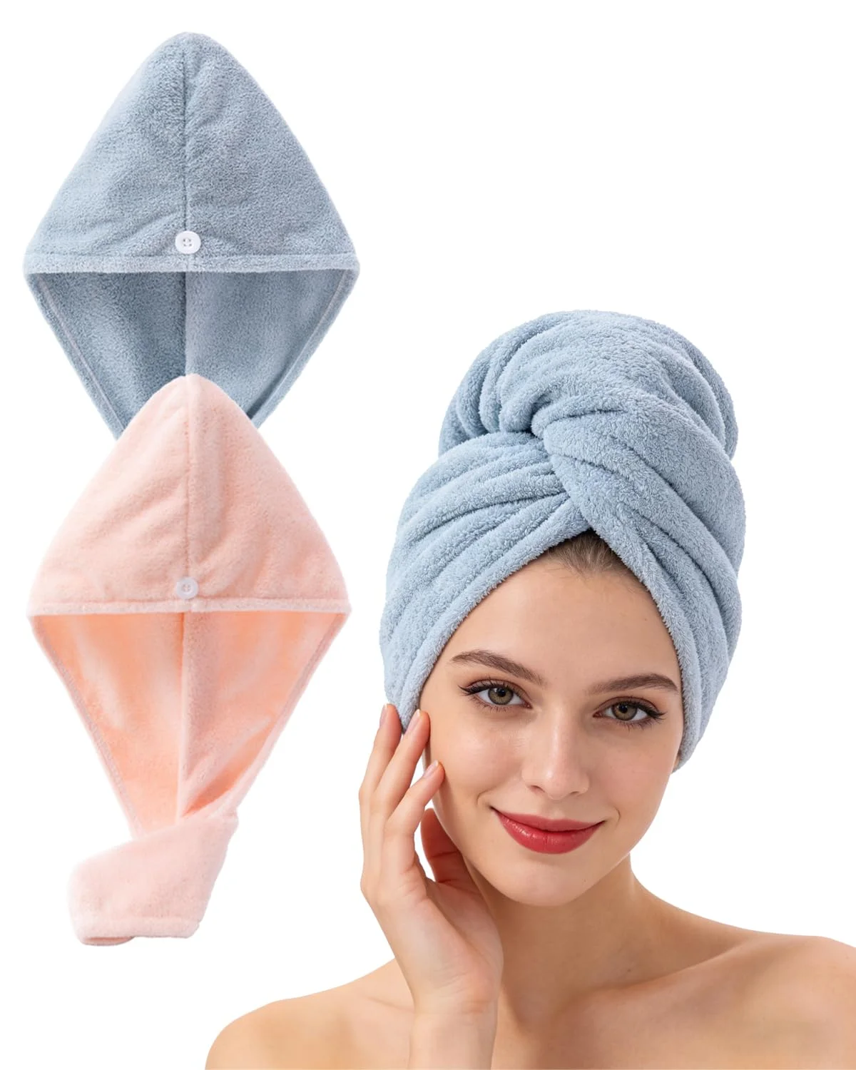 Lumimi 2er-Set Haarturban Kopfhandtuch aus Mikrofaser Extra Saugfähig Schnelltrocknend Flauschig Knopfverschluss Hellrosa Hellblau