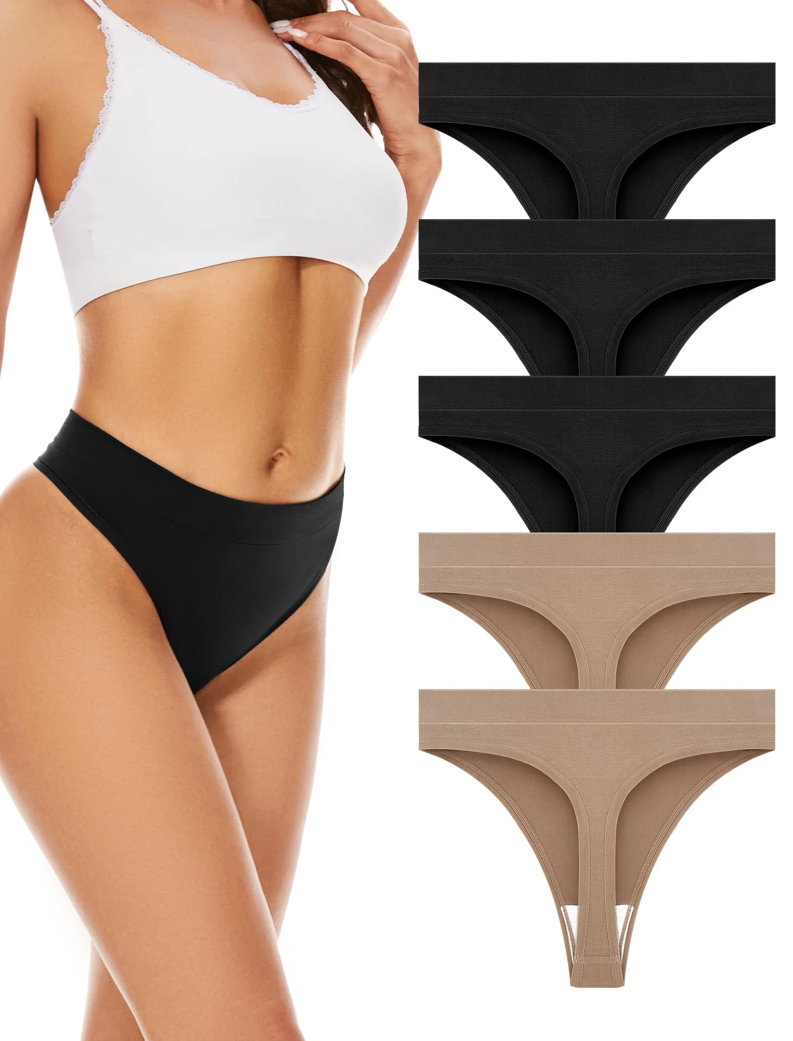 VOENXE Nahtloser String Tanga Damen,Hohe Taille Sport Unterwäsche Frauen Mehrpack mit Breitem Bund,Unsichtbarer Seamless Slip für Fitness Alltag aus Nylon,Invisible Women Thong Underwear,5er Pack