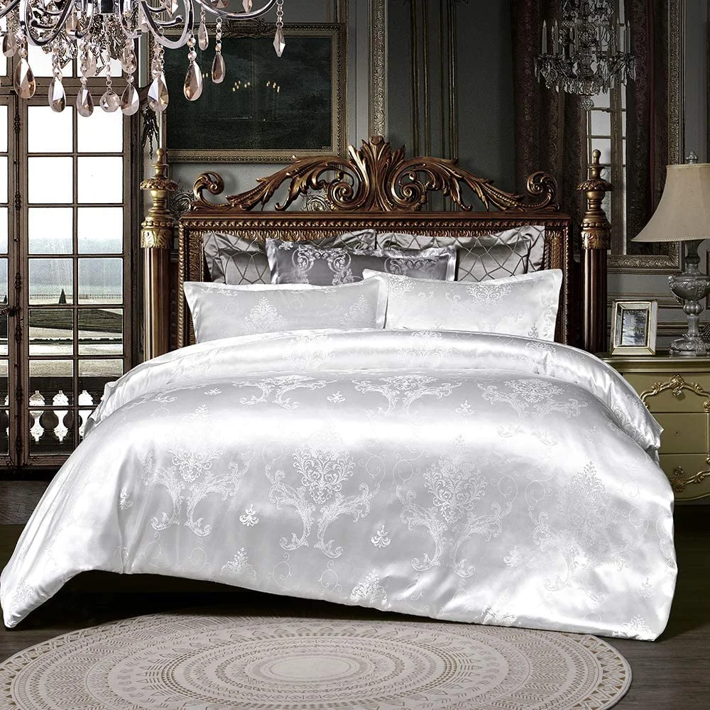 Bettwäsche Satin 135x200 cm 4teilig Seiden Deckenbezug Weiß Blumen Muster Bettbezug Set Glatt Luxus Jacquard Seide Weiss Luxuriös Romantisch Wendebettwäsche mit Reißverschluss und Kissenbezug 80x80cm