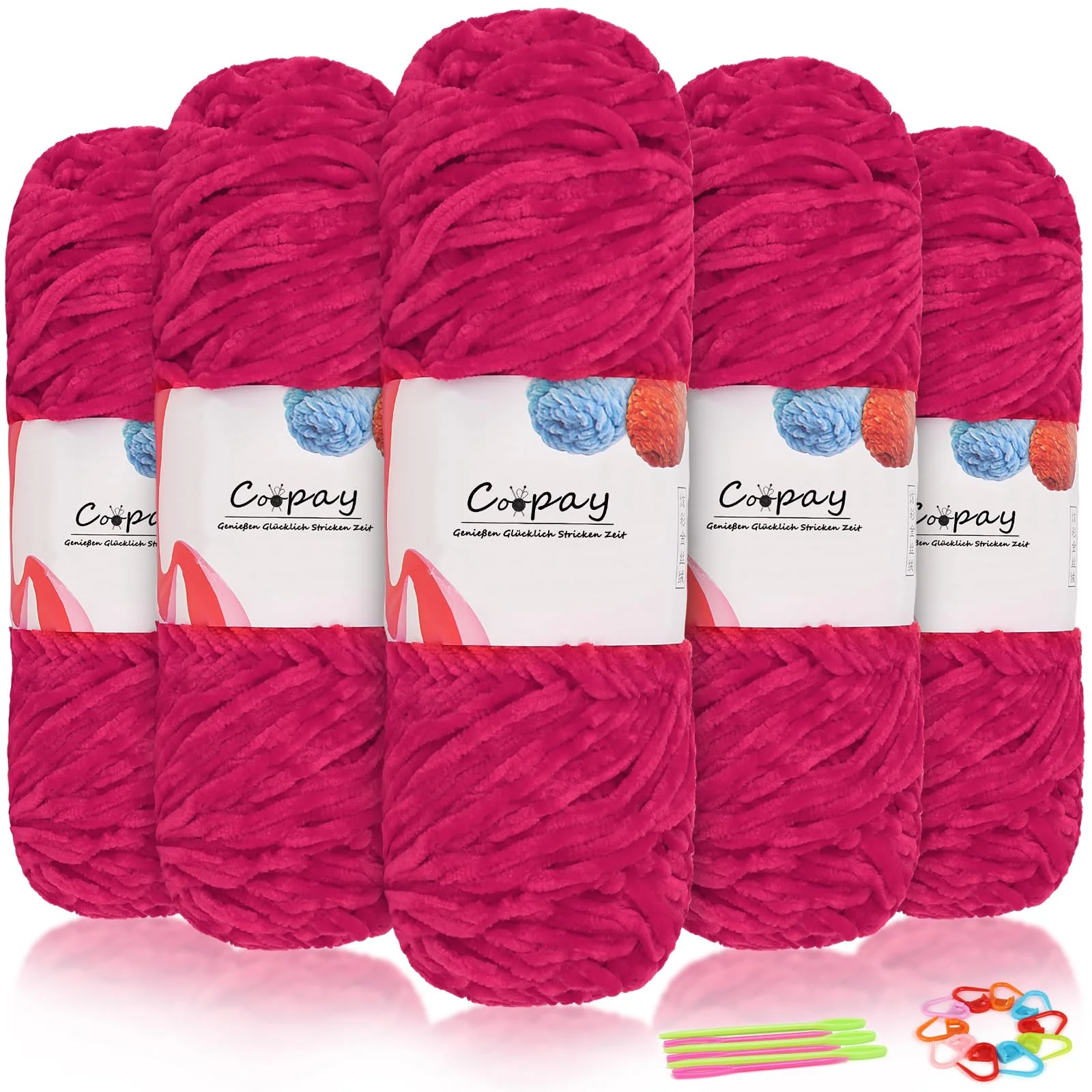 Coopay Samt Chenille Wolle zum Häkeln, 500g (5x100g) Velvet Chenillegarn, Dicke Wolle zum Stricken, Flauschige Weiche Samtig Chenillewolle mit Häkelzubehör für Schals, Decken - Rosenrot