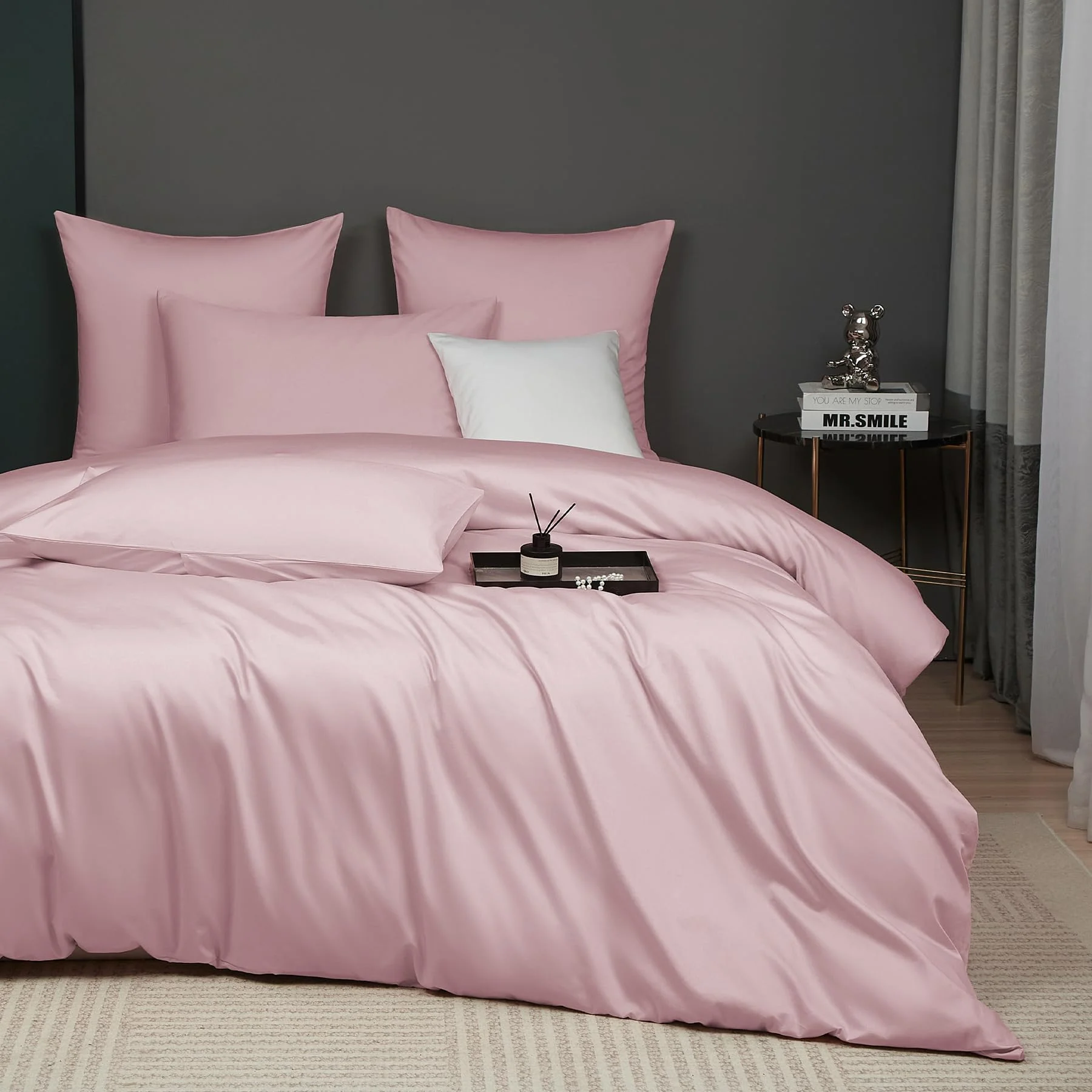 Luofanfei Mako Satin Baumwolle Bettwäsche 200x220 Rosa Kühlend Glatt Muster Atmungsaktiv Bettwäsche Set Weich und Bügelfrei Uni Bettbezug und 2 Kissenbezüge 80x80 cm