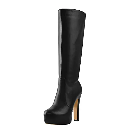 MissHeel Plateau Stiefel Langschaft Stiefel Blockabsatz Runde Zehen High Heels