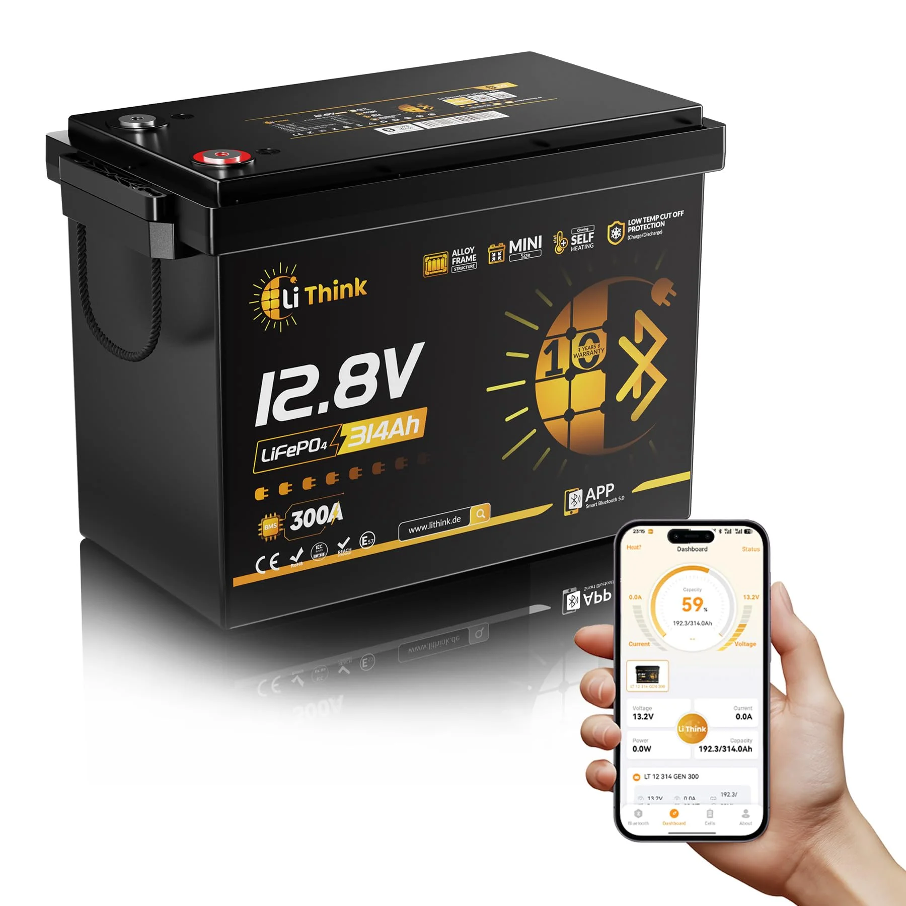 12V 314Ah Mini Pro LiFePO4 Lithium Battery with Bluetooth, ECE R10 zertifiziert mit eingebautem 300A BMS, Low Temperature Protection, 4019Wh Lithium Battery for Motorhomes