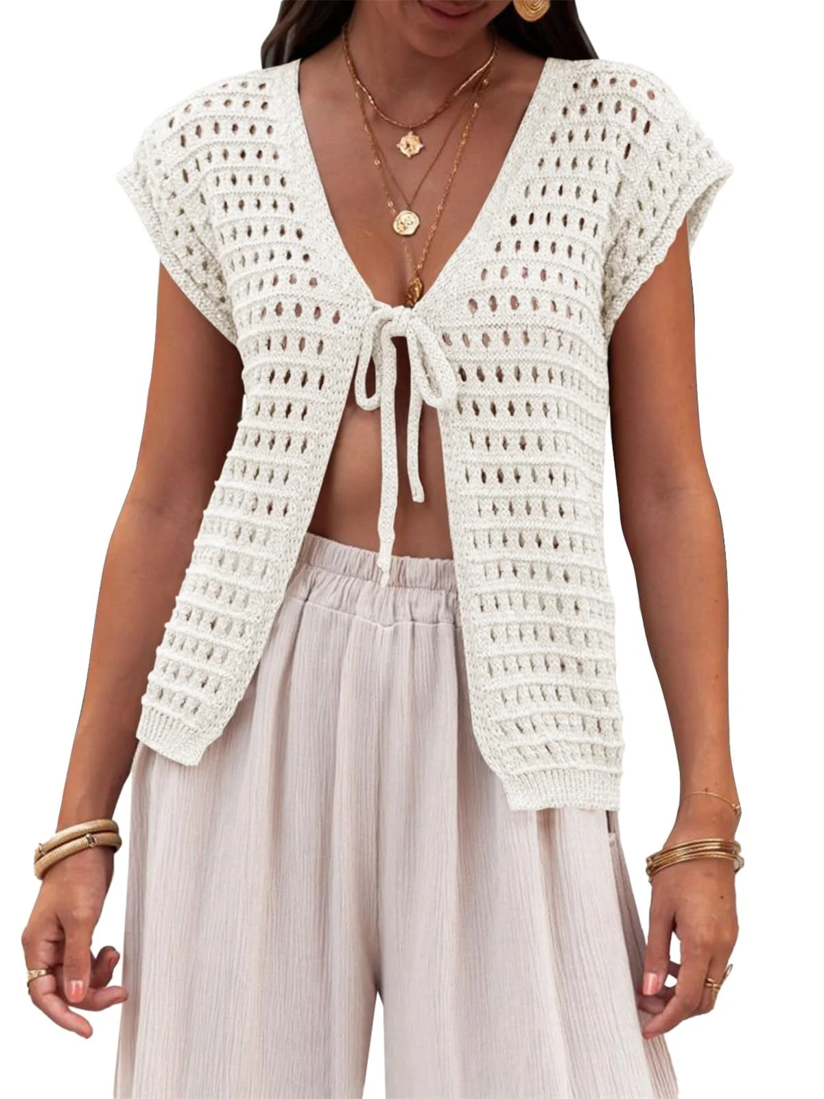 Saodimallsu Damen Sommer Strickjacke V-Ausschnitt Sexy Boho Tops Kurzarm Open Front Strickpullover Crochet Leichte Strand Bikini Cover Up Kurze Cardigan