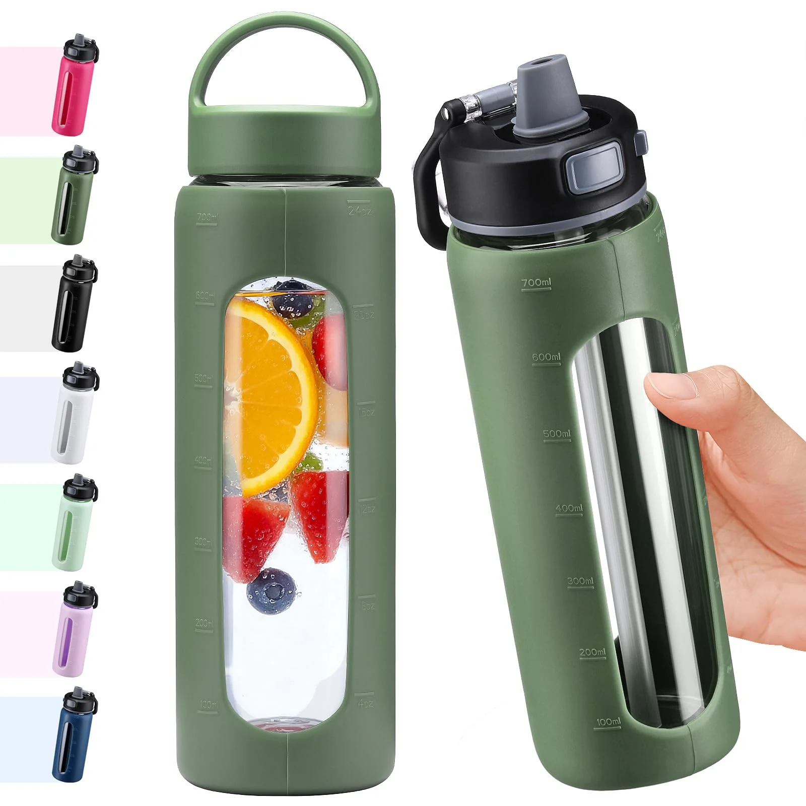 BLUEGO 700ml Glas Wasserflasche mit 2 Deckeln- One-Touch Verschlussdeckel und Griffdeckel Wiederverwendbare Trinkflasche mit Zeitskala für Reisen Zuhause Fitnessstudio Sport BPA-frei, Oliv