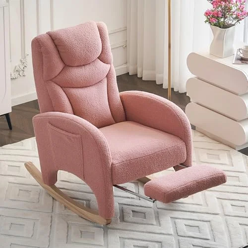 DEKKETO Teddy Schaukelstuhl mit Hocker und Kopfstütze, Stillsessel mit Fußstütze, Großer Sessel zum Stillen, Bequem Lesesessel Holz für Wohnzimmer Schlafzimmer
