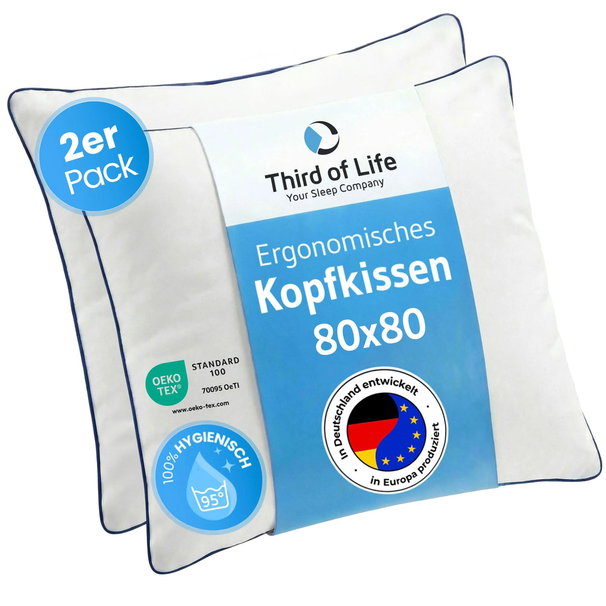 Kopfkissen 80x80 inSPIRO 2er Set, Ergonomisches Schlaf-Kissen von Schlafexperten entwickelt, 80 x 80 cm pillow für Seitenschläfer, Rückenschläfer, Bauchschläfer, Nackenstützkissen für Allergiker