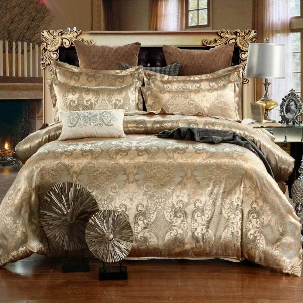 Satin Bettwäsche 220x240 cm Jacquard Microfaser Golden Gelb Wendebettwäsche 3 tlg 100% Atmungsaktive Angenehme für Heiße Tage im Sommer Blumen Gold Bettbezug Doppelbett und 2 Kissenbezüge 80x80 cm