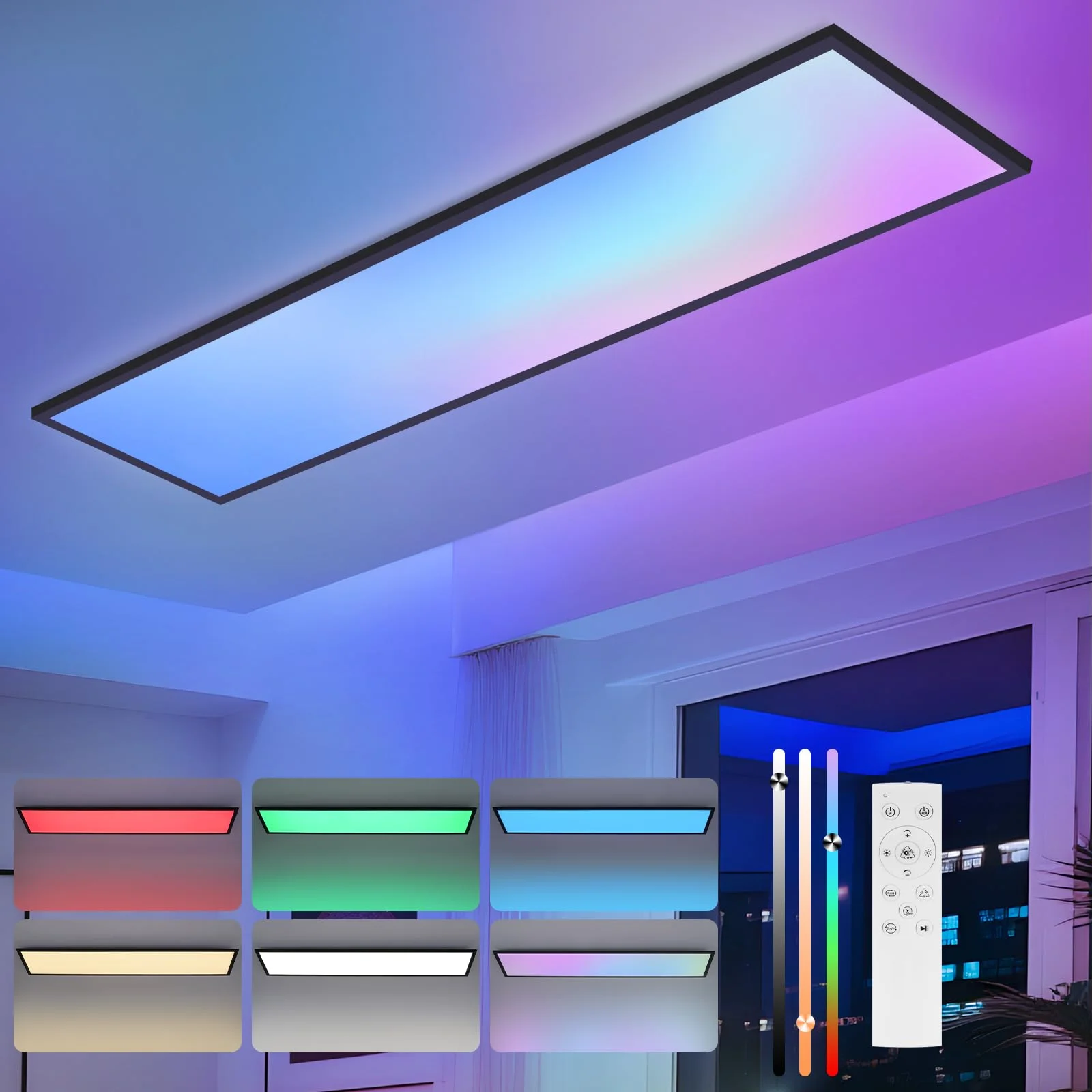 Woiledlt Deckenlampe LED Panel Dimmbar - LED Deckenleuchte RGB Farbwechsel Deckenpanel Küchenlampe 24W 100x25cm Schwarz Flach Lang Bürolampe mit Fernbedienung für Esszimmer Schlafzimmer Wohnzimmer