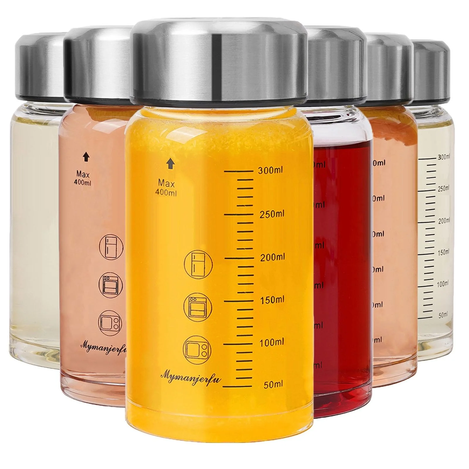 Mymanjerfu Glasflasche 400ml mit Deckel - 6er Pack, Trinkflasche Glas aus Borosilikatglas - Saftflasche, Smoothie & Shaker Becher - Zum Befüllen - BPA-Frei
