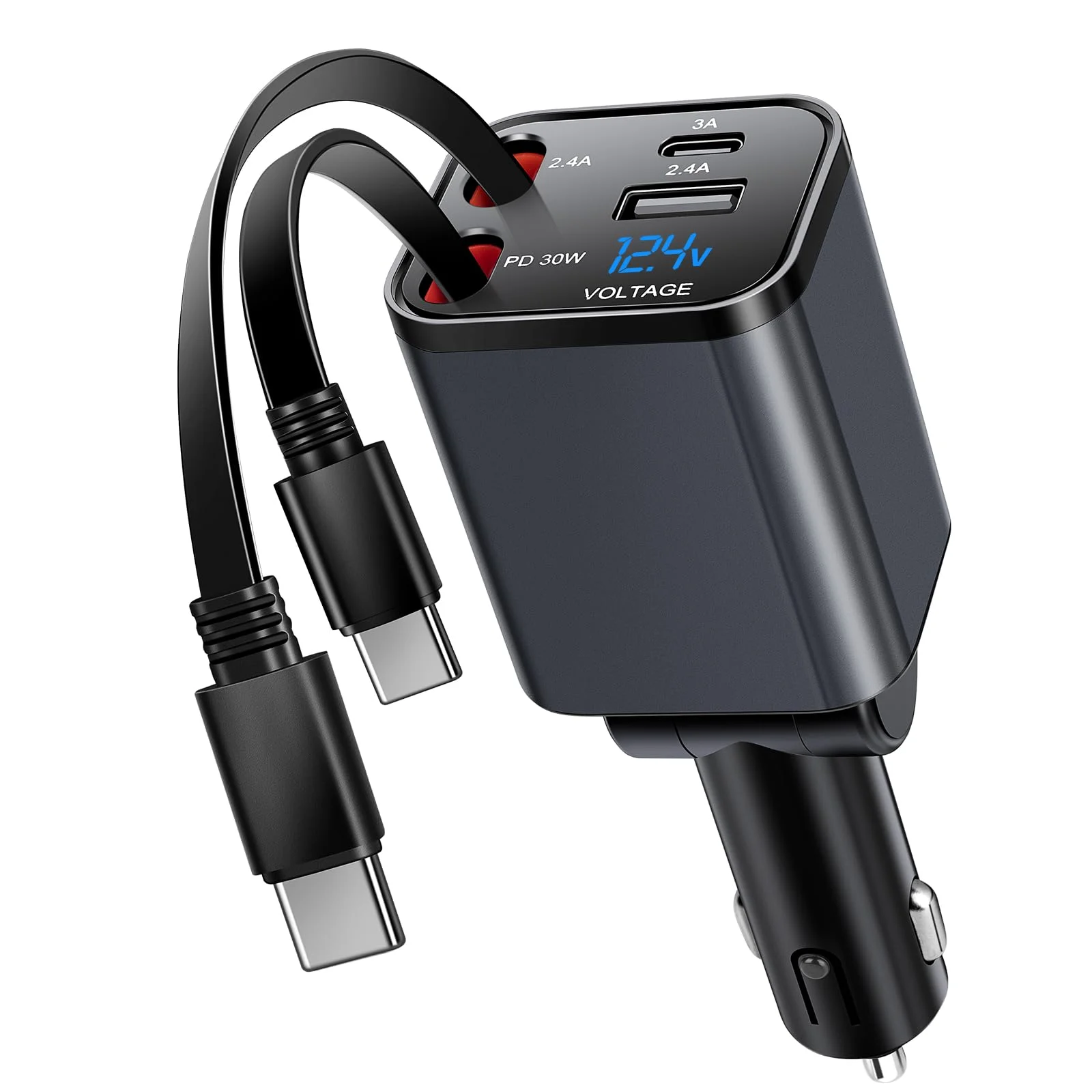 Kwak‘s einziehbares Autoladegerät,4 in 1 USB C Zigarettenanzünder Adapter mit Dual Type C Kabel Schnellladung Kompatibel mit iPhone 16 15, Samsung S25/24/23/22 (Type-C+Type-C)