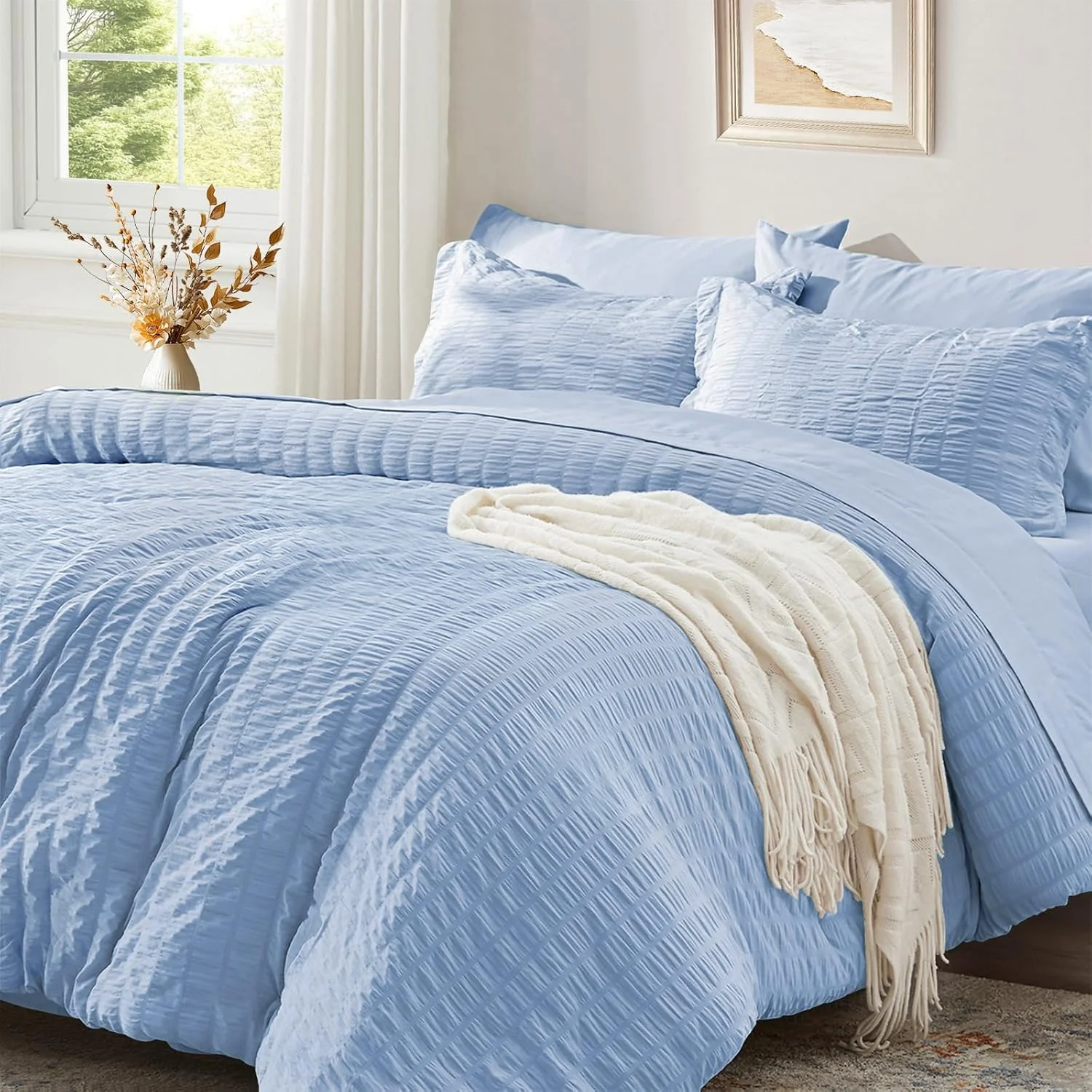 Luofanfei Seersucker Bettwäsche 135x200 4teilig Blau Hellblau Gestreift Sommer Einfarbig Wende Bettwäsche Set Microfaser Atmungsaktiv Leicht Bettbezüge 135 200 cm Einzelbett und Kissenbezüge 80x80 cm