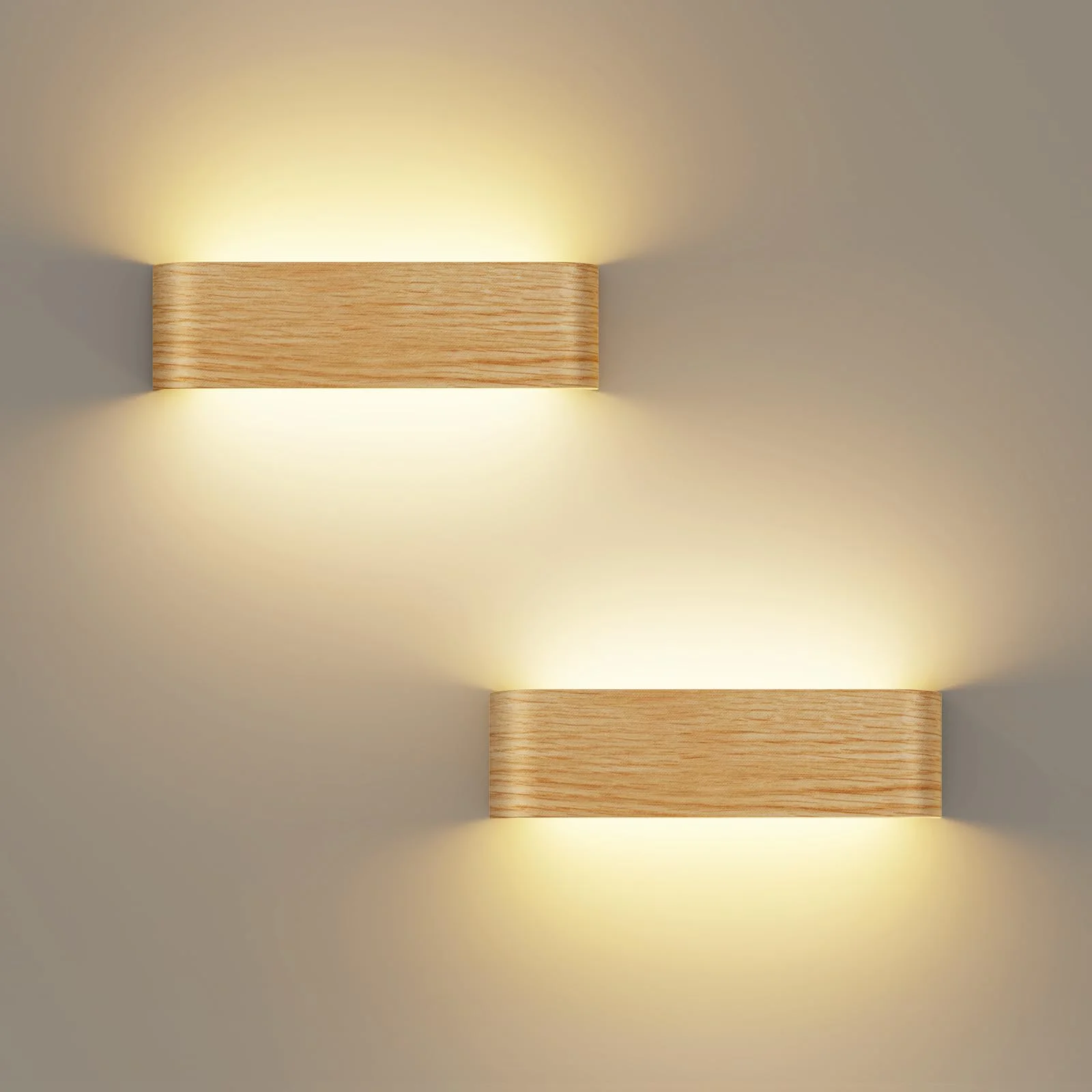 OOWOLF 2er Set Holzmaserung Wandleuchte Innen, 16W 3000K/4500K/6000K, Modernes Up-Down Design, aus Aluminium, für Flur Schlafzimmer Treppenhaus Wohnzimmer - 29.5cm