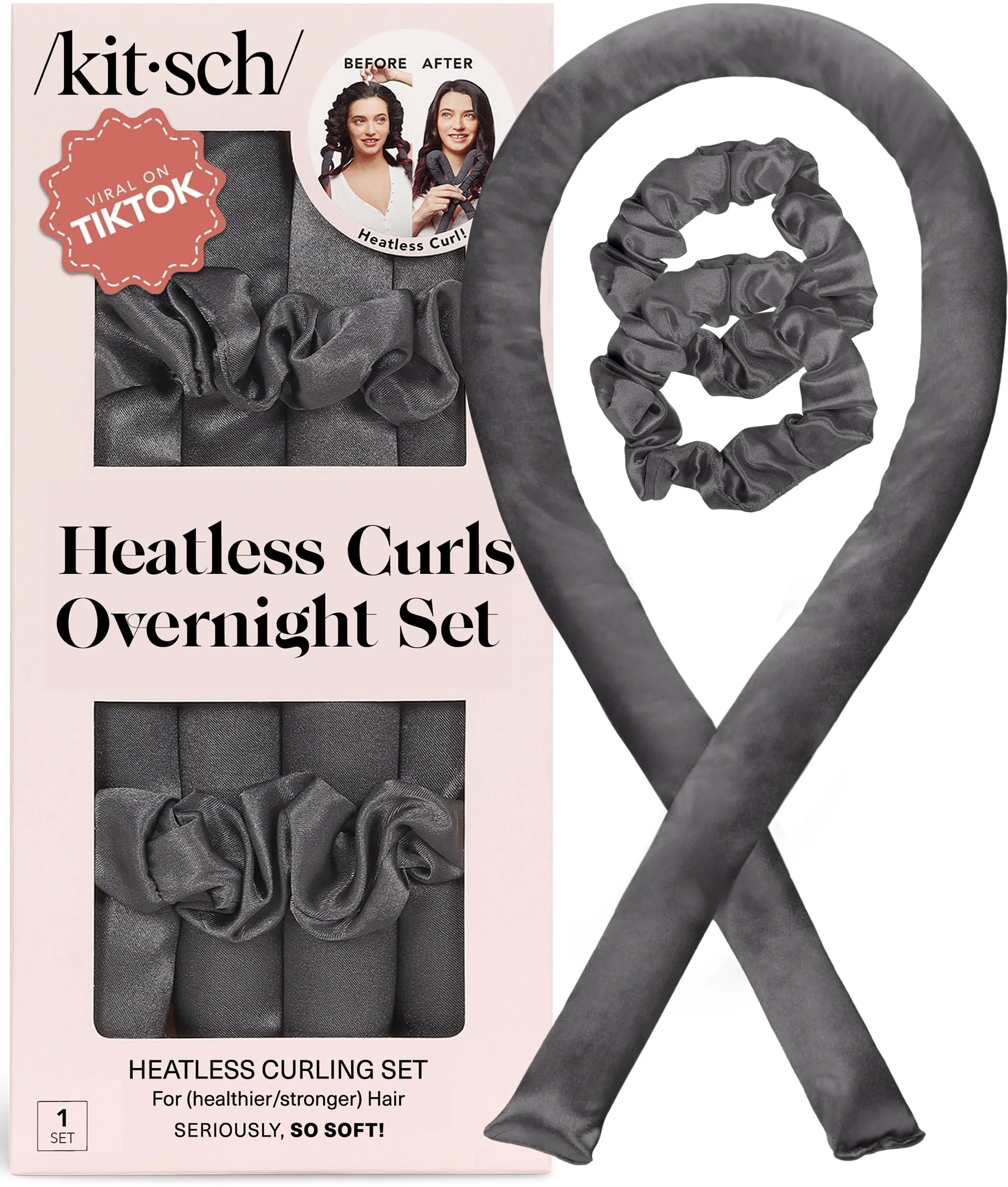 Kitsch Satin Locken ohne Hitze – Heatless Curls & Lockenwickler über Nacht mit Lockenband, 86 cm Lockenwickler Groß & 2 Satin-Haargummis – Overnight Curls – Charcoal