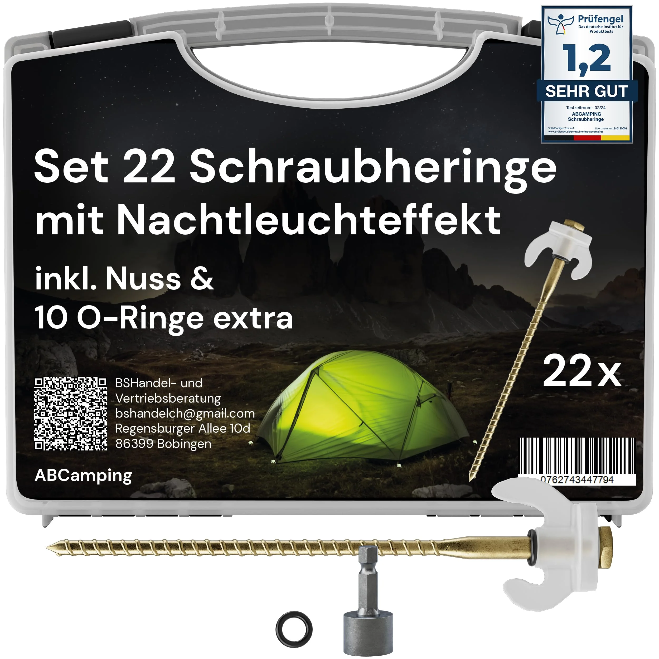 ABCamping Schraubheringe Set - [22 Stück] Stahl Heringe für weiche bis Harte Böden - Zeltschrauben mit Leuchteffekt, ideal für Camping - inkl. Transportbox, 10x O-Ringe & Bit für Akkuschrauber