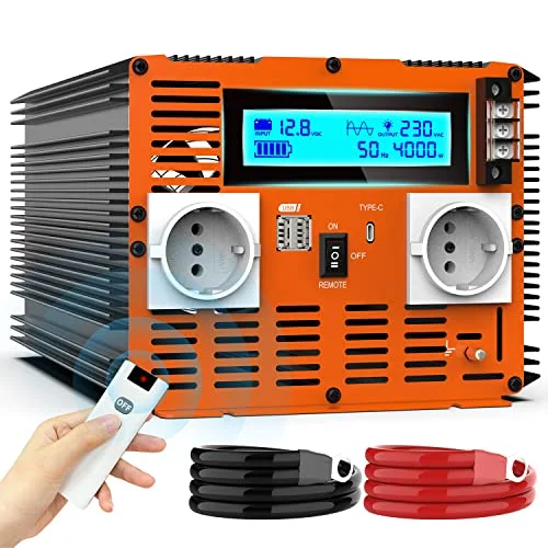 1200W/2500W/3500W Wechselrichter 12v auf 230v Reiner Sinus KFZ Spannungswandler Pure Sine Wave Power Solar Inverter Umwandler Stromwandler mit EU-Steckdose LCD Digital Anzeig Konverter