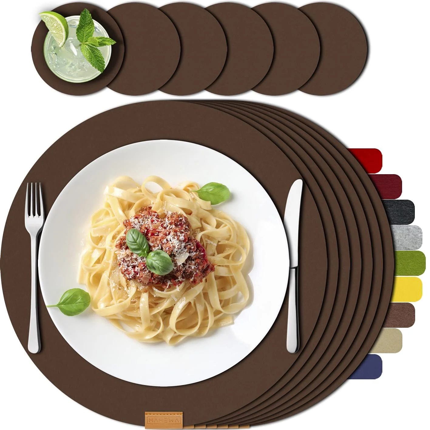 MAHEWA® 6er Set Premium Tischset Platzset aus Filz rutschfest Ab-waschbar und Waschmaschinenfest Eckige Platzdeckchen (Braun, 6er Set rund)