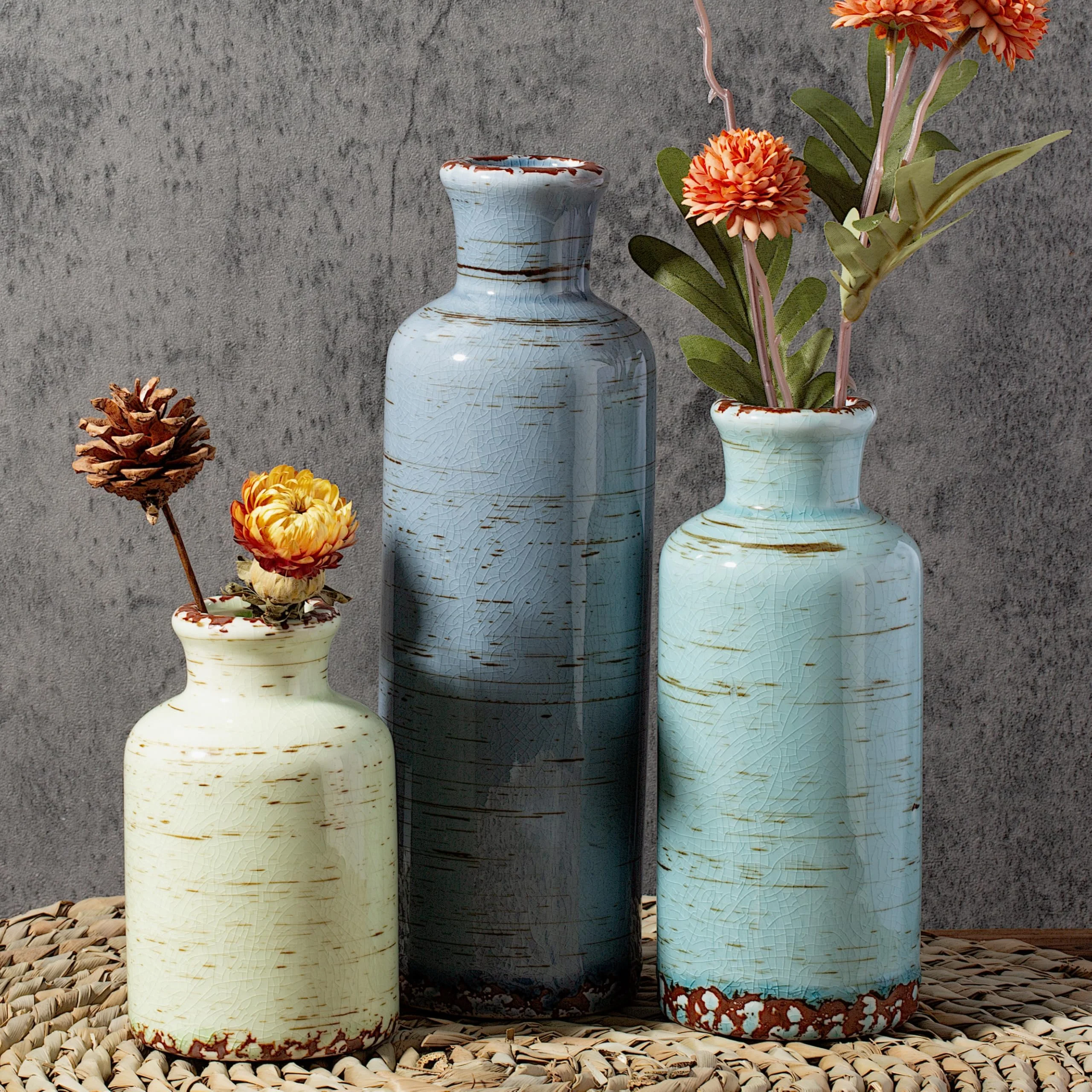 Sawoake Keramik Vintage Vase Set von 3, Grau Blau Grün Riss Glasur, Chinoiserie Floral Dekor für Bauernhof Regal, Tisch Mittelstück, Mantel, Wohnzimmer & Büro