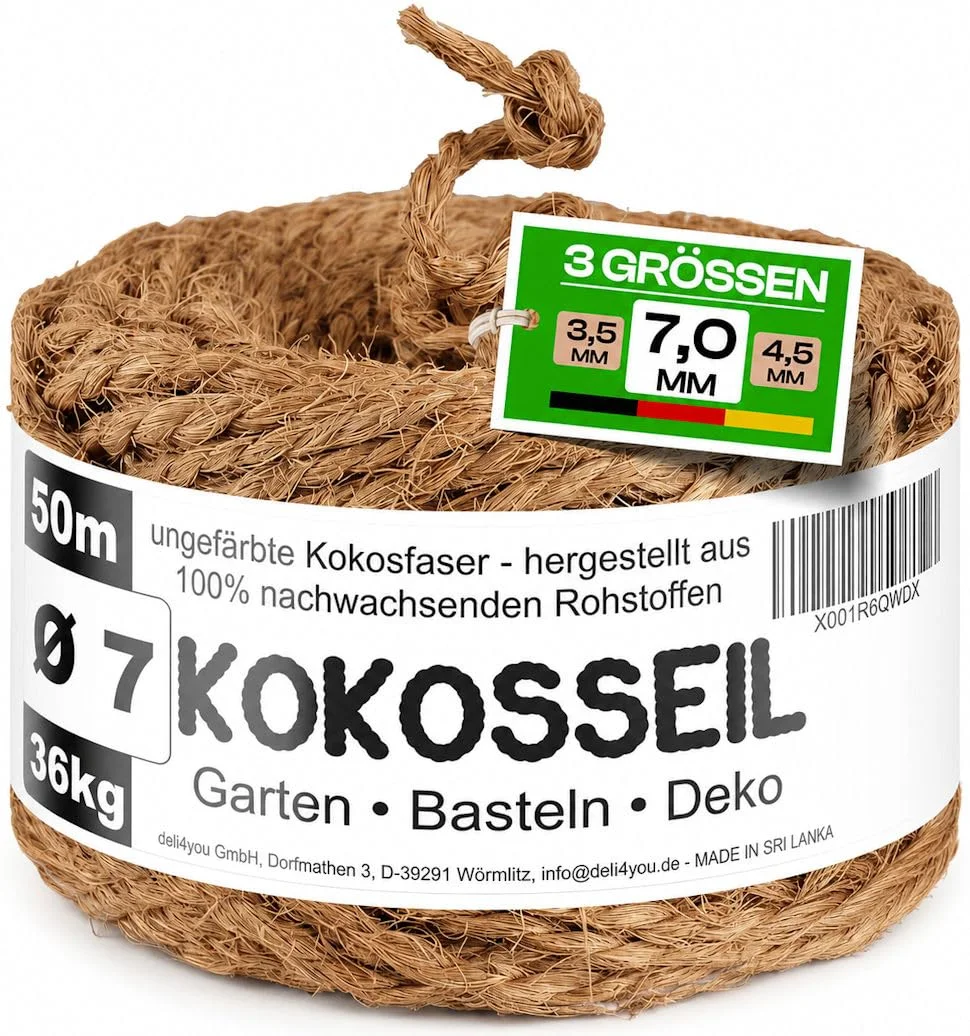 deli4you Kokosseil Gartenseil für Pflanzen – 7mm x 50m Kokosstrick für Bäume Kokosfaserschnur Baumbinder Kokosseil für Bäume unbehandeltes Kokosband Gräser zusammenbinden