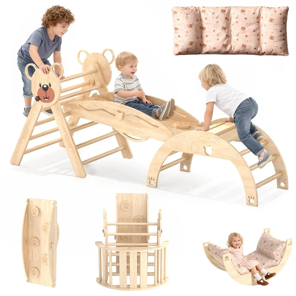Freelawn Klettergerüst Indoor,Holz Montessori Kletterdreieck mit Rutsche, Bogen，Leiter&Spielmatte ，für Kinder ab 1 Jahr(Naturholz)​