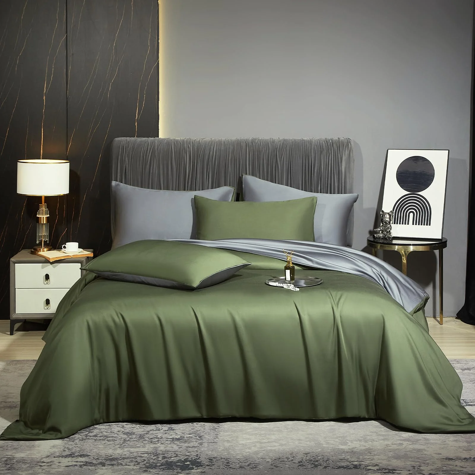 Luofanfei Bambus Kühlende Bettwäsche 200x200 cm Olivgrün Grün Grau Sommer Uni Bambusfasern Lyocell Glänzend Bettwäsche Set Atmungsaktiv Bamboo Bettbezug und Kissenbezüge 80x80 cm mit Reissverschluss