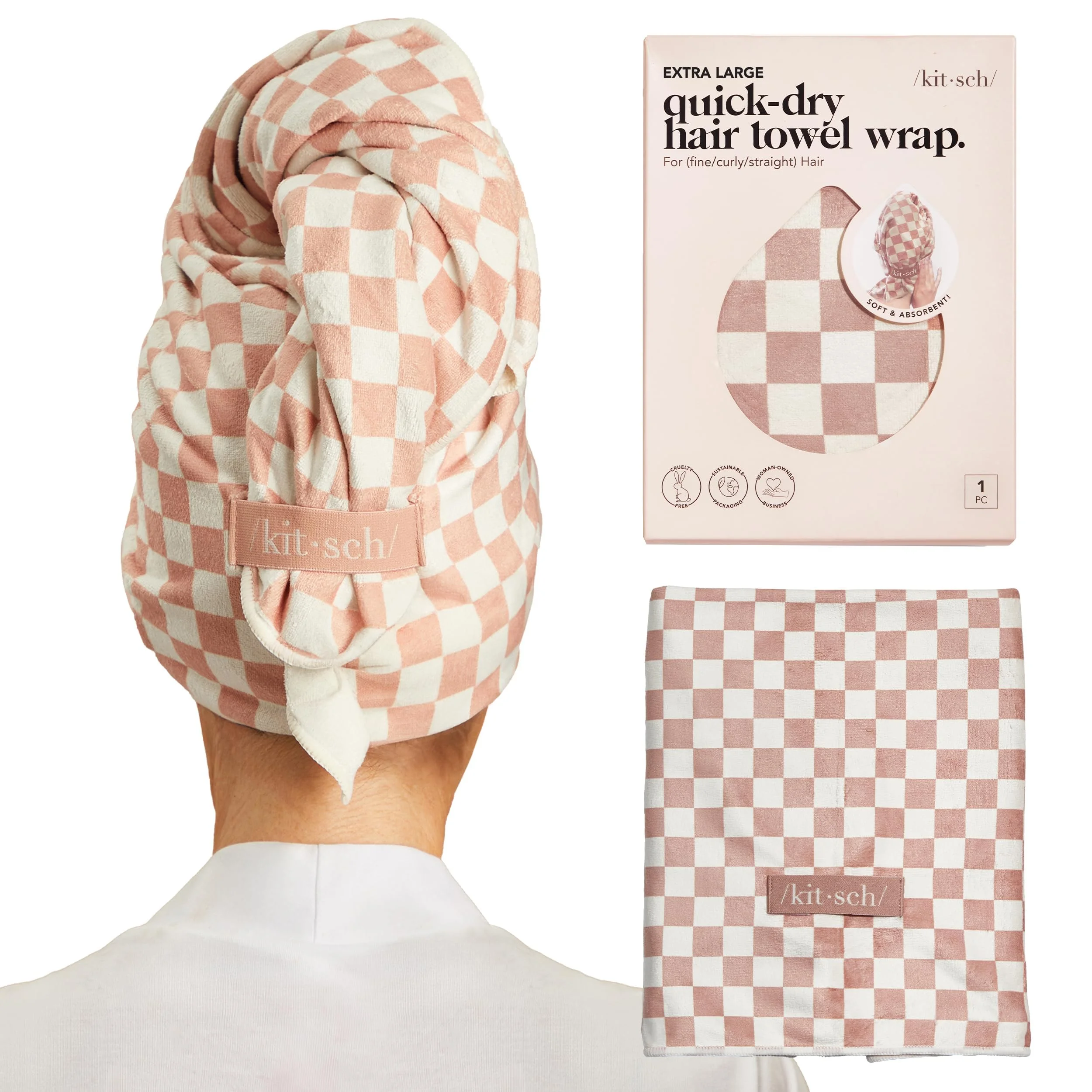 Kitsch XL Mikrofaser Handtuch Haare für Damen – Ultra-Saugfähiges Mikrofaser Handtuch für Nasses, Lockiges, Langes & Kurzes Haar – Anti-Frizz Haar Wrap | Terrakotta-Kariert 40 x 24 Zoll