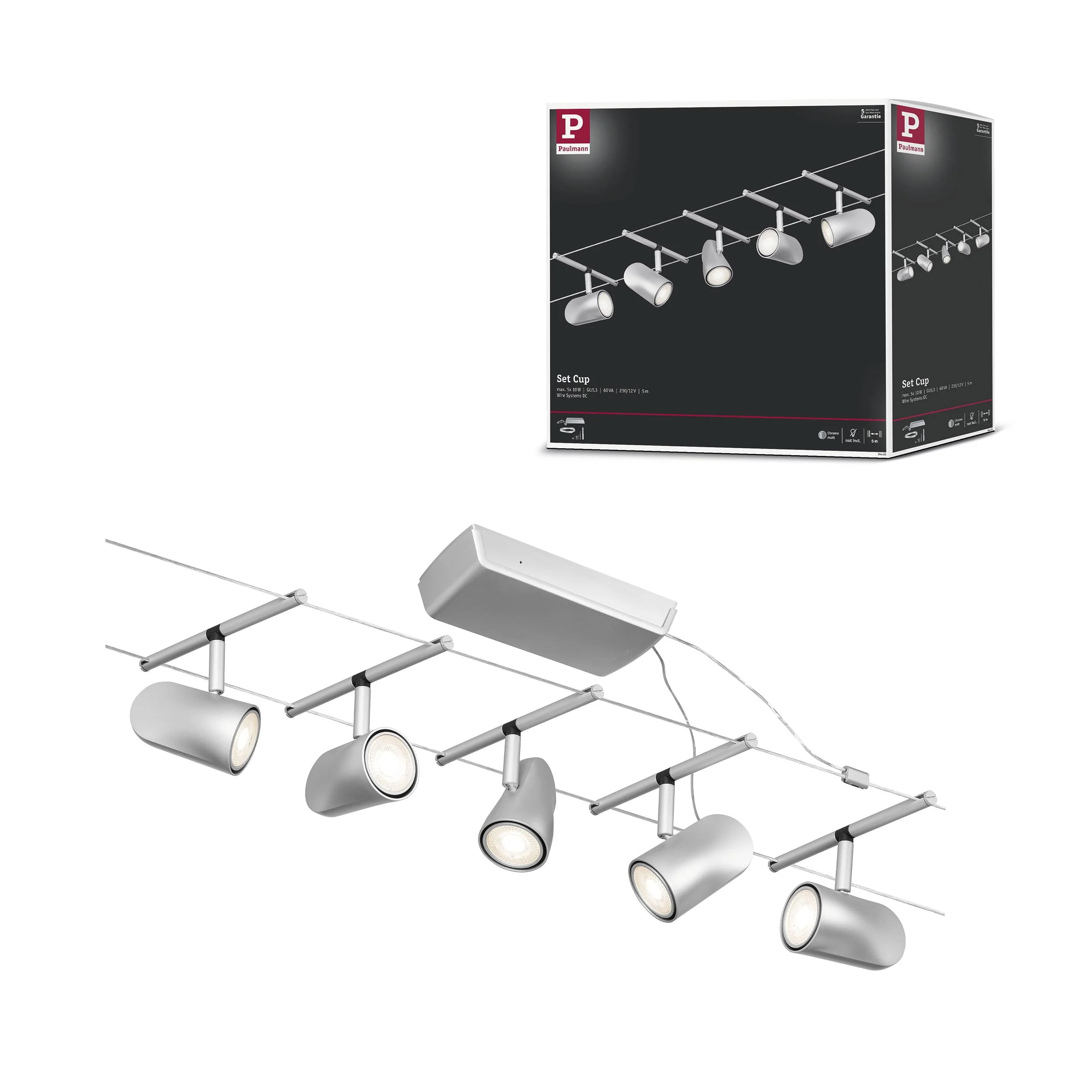 Paulmann 94465 CorDuo Seilsytem Set Cup DC max. 5x10 Watt erweiterbar Chrom matt Kunststoff, Metall GU5,3 Drahtseilsystem ohne Leuchtmittel