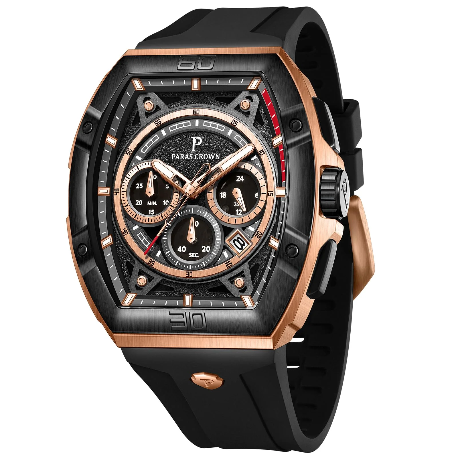 Paras Crown Uhren Herren Chronograph mit 3 Zifferblättern, Datum & Stoppfunktion, Japanischem Quarz – Uhr für Herren Armbanduhr, Silikonarmband, 5ATM wasserdicht & Leuchtzeiger