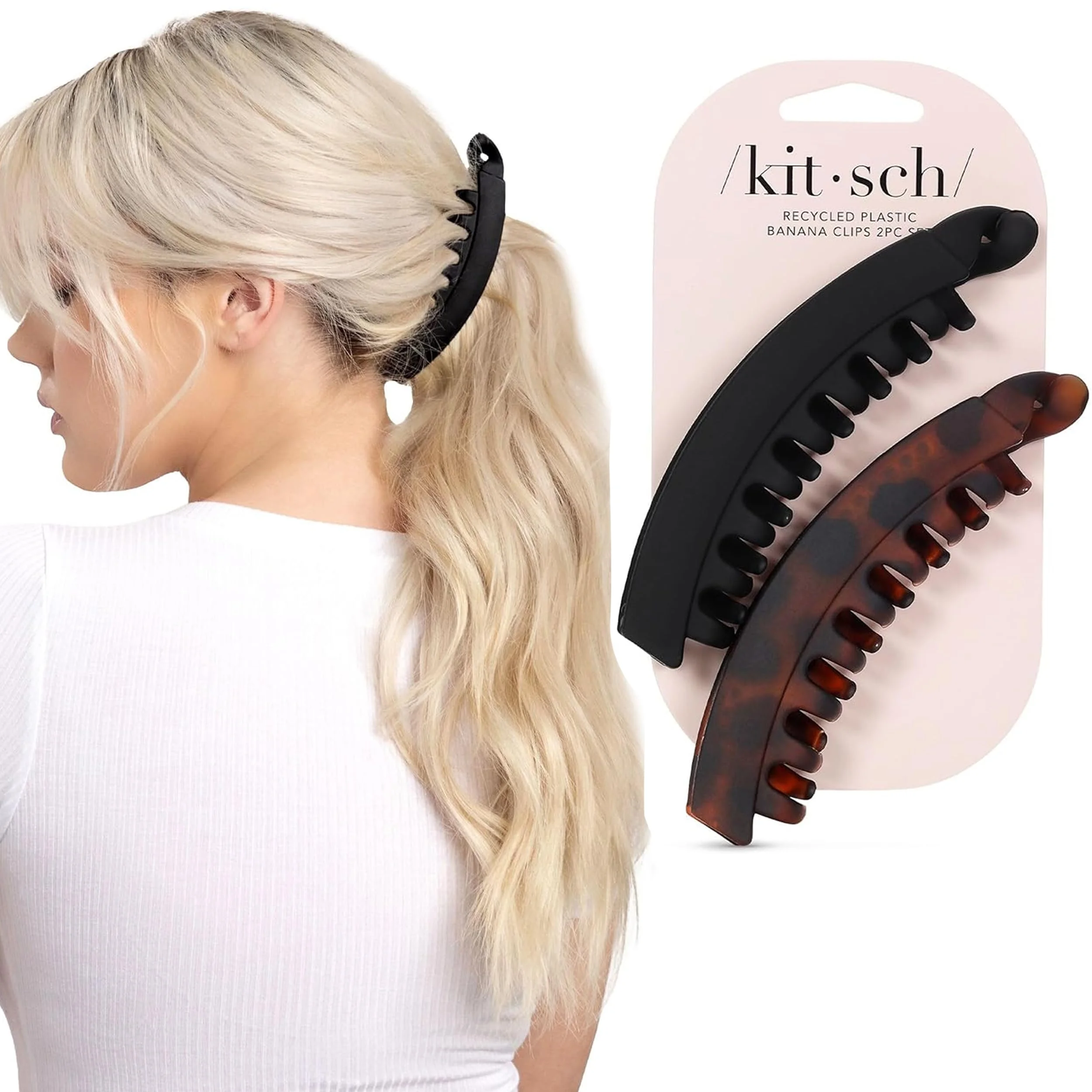 Kitsch Banana Clip Haarklammer – Bananenspange Haare | Haarspangen Damen & Mädchen, Haarklammern ohne Knicken | Haarklemmen Damen für Pferdeschwanz & Hochsteckfrisuren | Schwarz & Schildpatt, 2 Stück