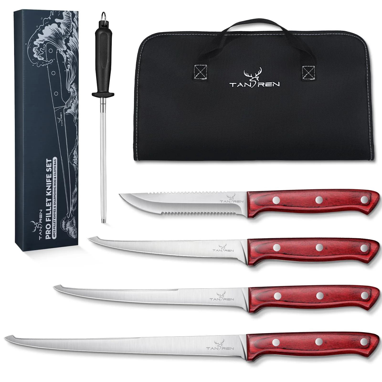 TAN REN Filetiermesser Fisch Set Scharf, Full Tang Fisch Filetiermesser Profi Set, Fischmesser Angeln Sets für Männer
