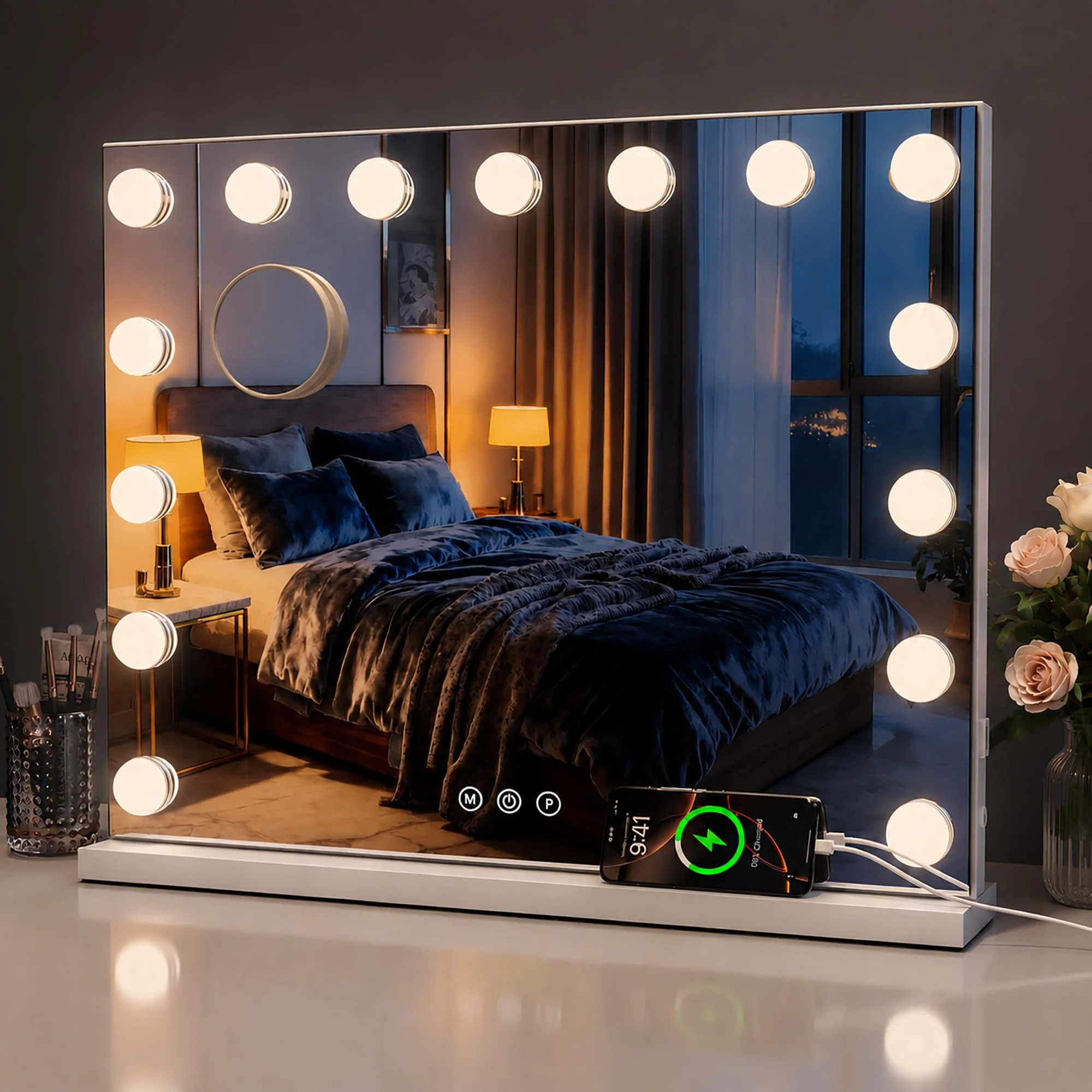 Hollywood Schminkspiegel mit Beleuchtung, 58×46 cm, 15 dimmbar LED-Lampen, 3 Lichtmodi, USB-Anschluss, Kosmetikspiegel mit 10-fach Vergrößerung für Schminktisch und Schlafzimmer [Energieklasse F]