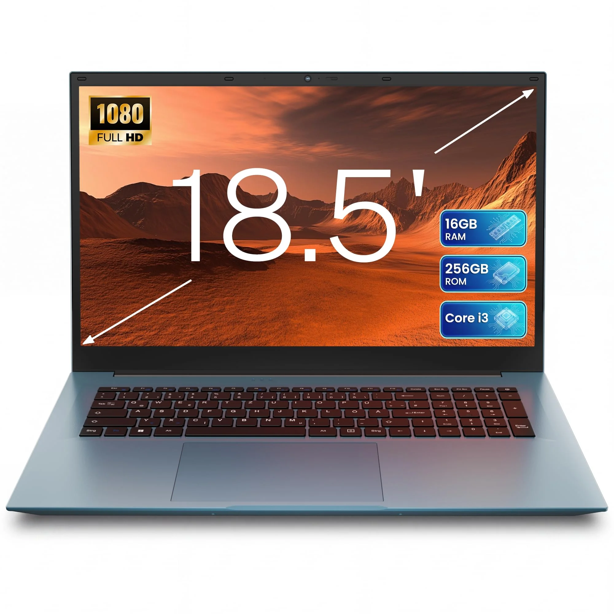 Liuord Laptop 18,5 Zoll FHD Display, 16GB RAM 256GB SSD AI-Unterstützung, Core I3, WiFi 6, Vollfunktions Type-C, Deutsche Tastatur Ideal für Studium, Homeoffice und Business