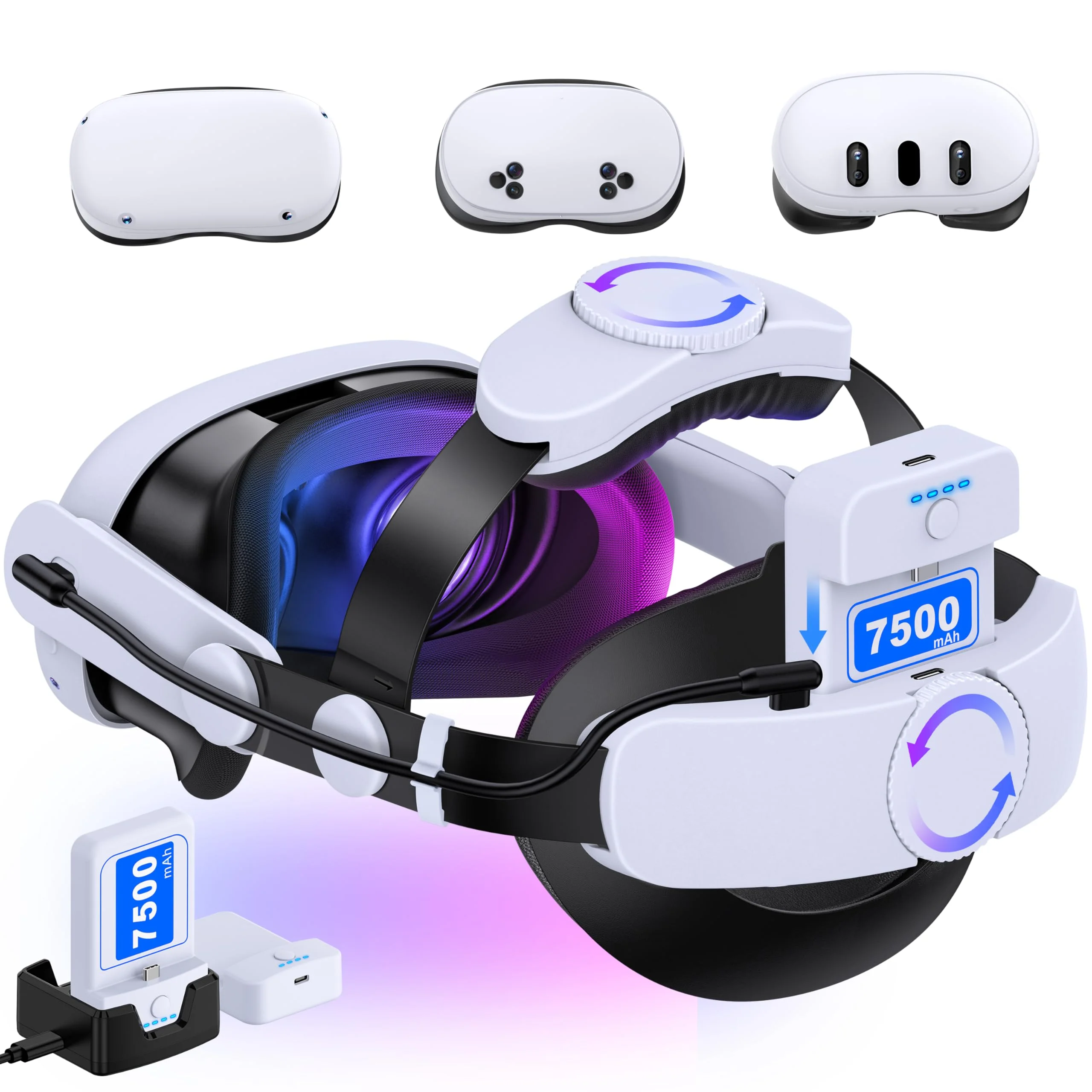 Akku Headstrap Kompatibel mit Meta Quest 3/3S/2, Robustes VR Strap für Meta Quest 3 Zubehör mit 2x7500 mAh Akku und 1x Ladedock, Ausgewogenes Komfortables Kopfband, Erweiterte Spielzeit Stirnband