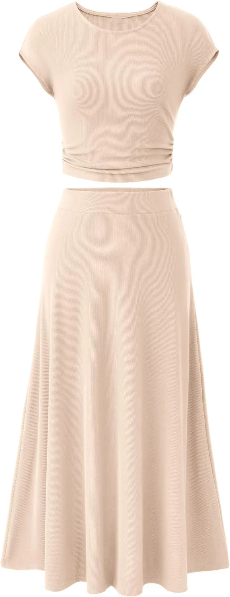 BUNSLOOM Damen Zweiteiler Sommeroutfit Elegante Casual Strick Kurzarm Crop Top Hohe Taille Midi Rock