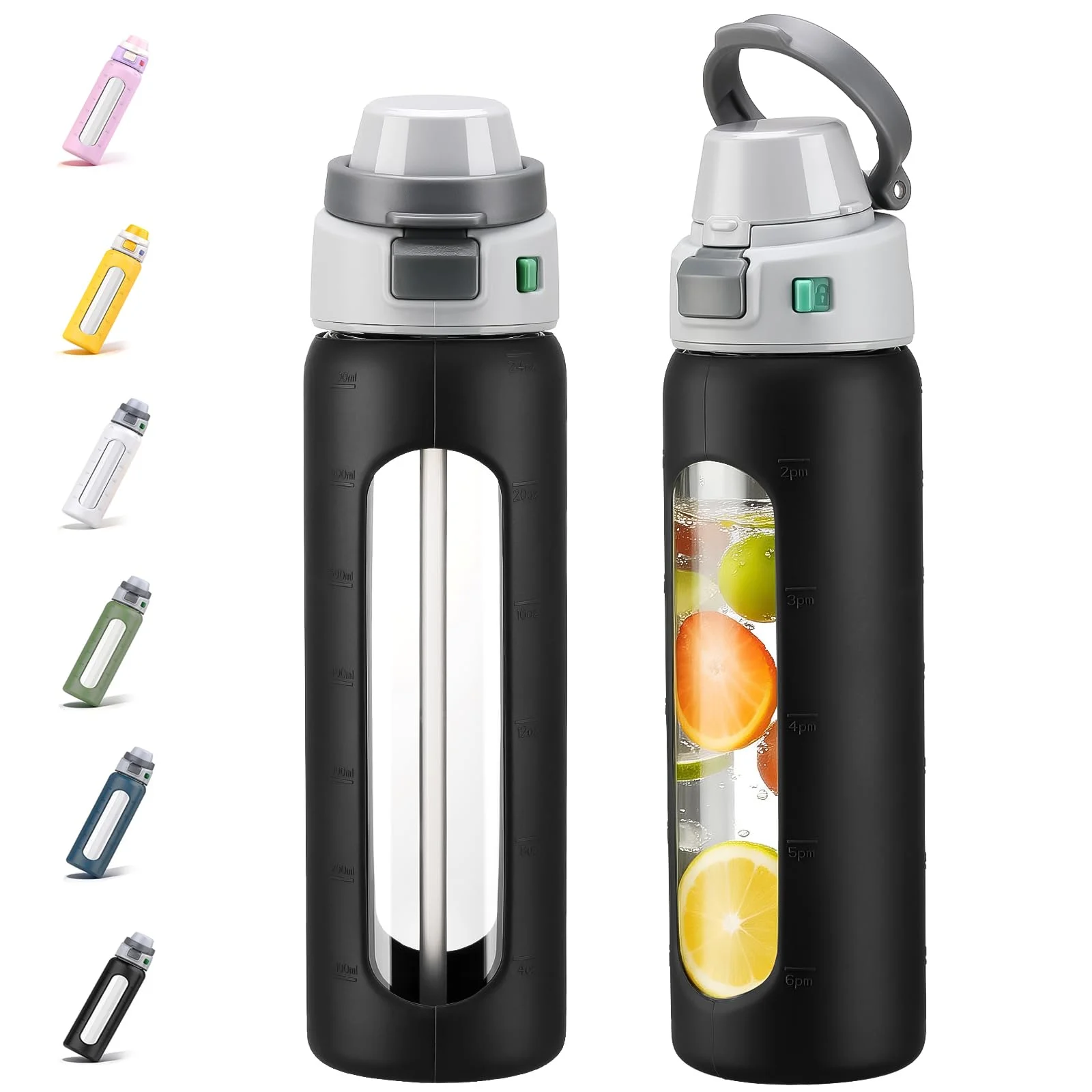 BLUEGO 2-in-1 Borosilikatglas Trinkflasche mit Strohhalm für Sport und Reisen, Trinkflasche 700ml mit Silikonhülle, Auslaufsicher, BPA-frei