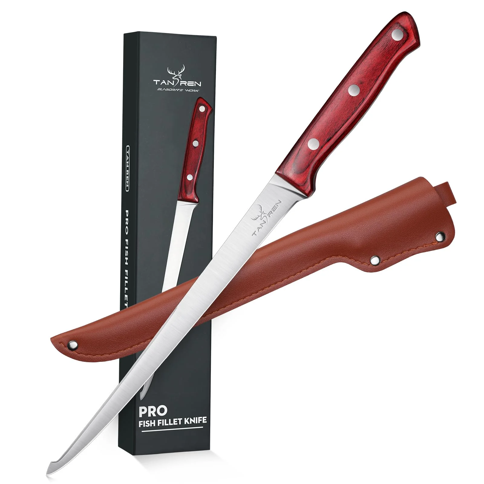 TAN REN Filitiermesser Fisch Scharf, 24 CM Profi Filetiermesser Fisch Angeln, Edelstahl Filetiermesser Fleisch mit Scheide, Profi Ausbeinmesser Messer Angeln für Fisch & Fleisch