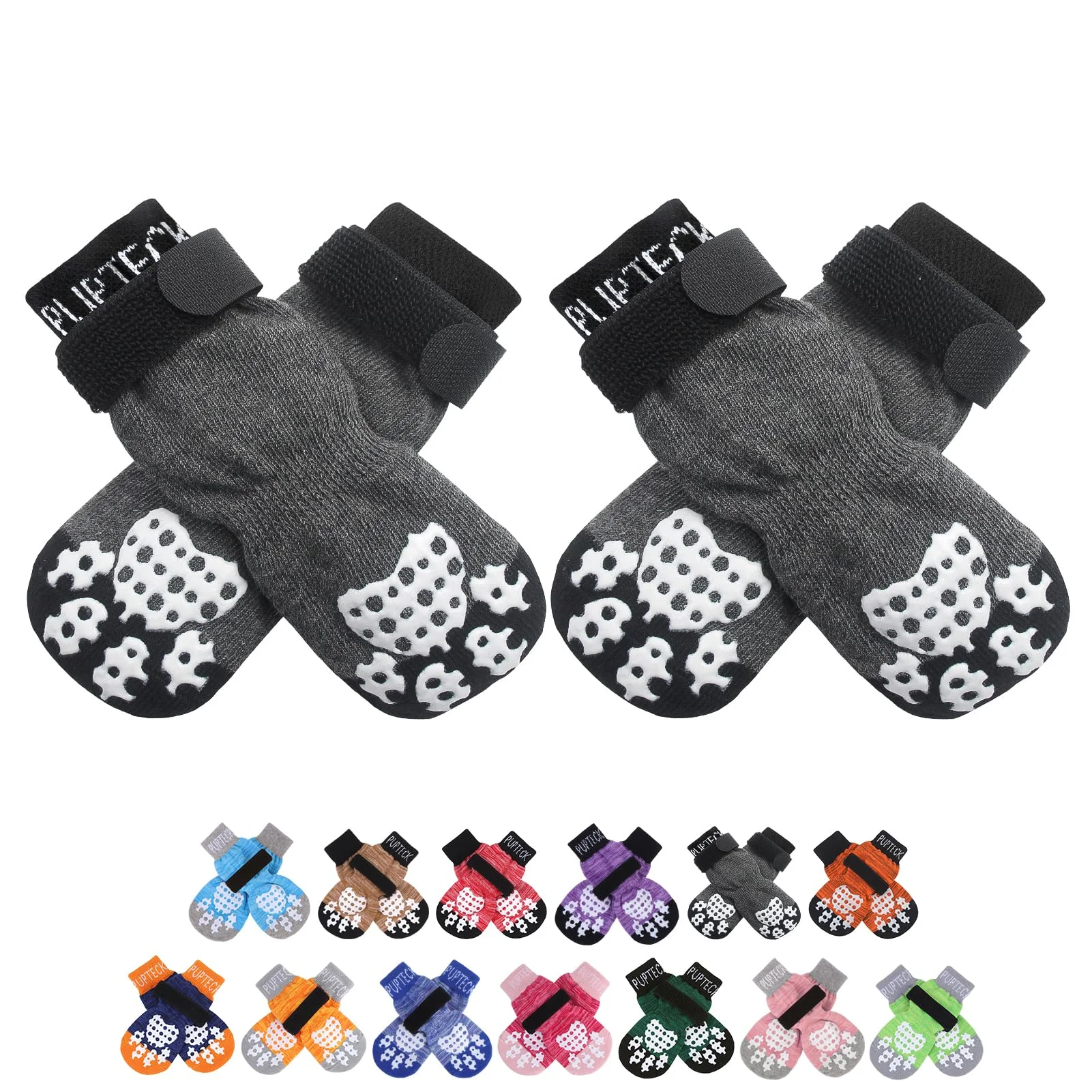 PUPTECK 2 Paar Doppelseitige Anti-Rutsch Hundesocken mit verstellbaren Riemen für den Innenbereich - Hundeschuhe Pfotenschutz Sommer Haustierpfoten Schutz Traktion Kontrolle Socken auf Hartholzboden