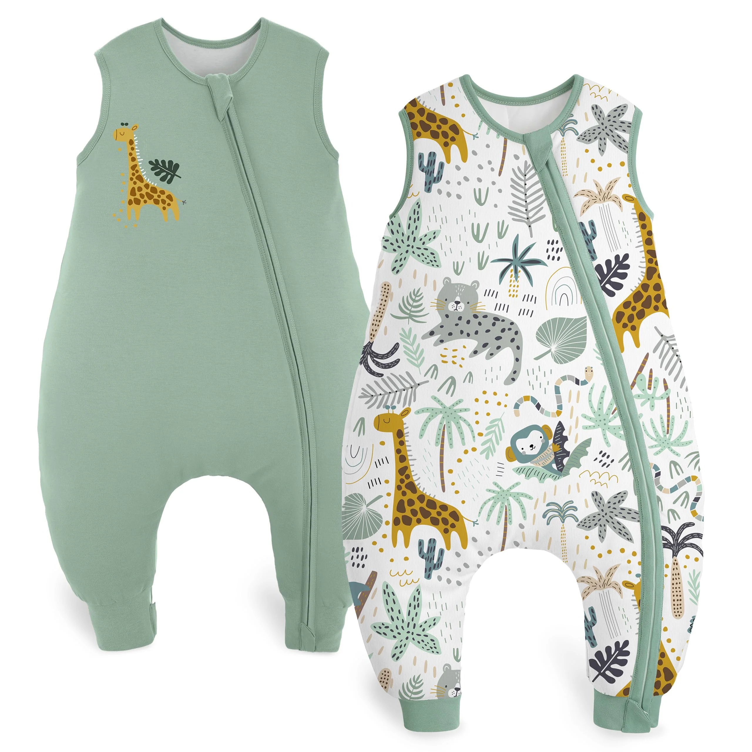 Yoofoss 2er Pack Baby Schlafsack mit Füßen 1.5 Tog Baumwolle Schlafsack Baby mit Beinen Herbst Winter Babyschlafsack für 4-6 Jahre Kinder Jungen Mädchen 100 cm- Grün Giraffe
