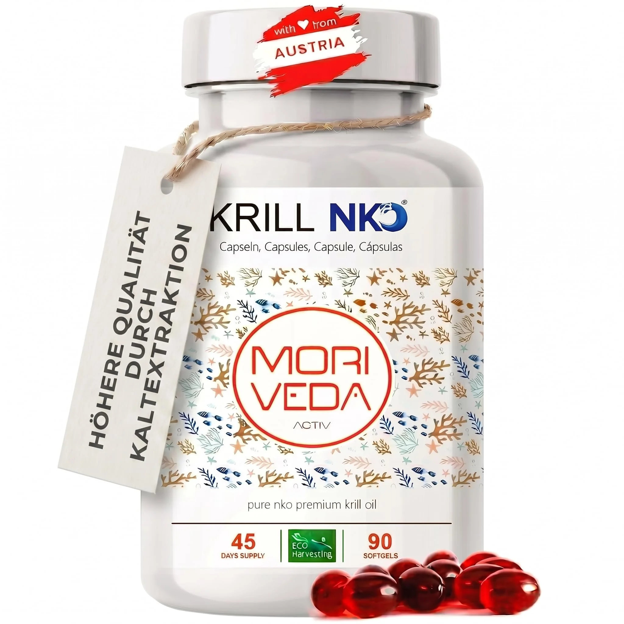 MoriVeda NKO® Antarktische Krillöl Kapseln 90 Stück mit Vanille – 1000 mg Antarktisches Krillöl/Tagesdosis – EPA DHA Astaxanthin Cholin Phospholipide – MSC-zertifiziert, Aus ECO Harvesting